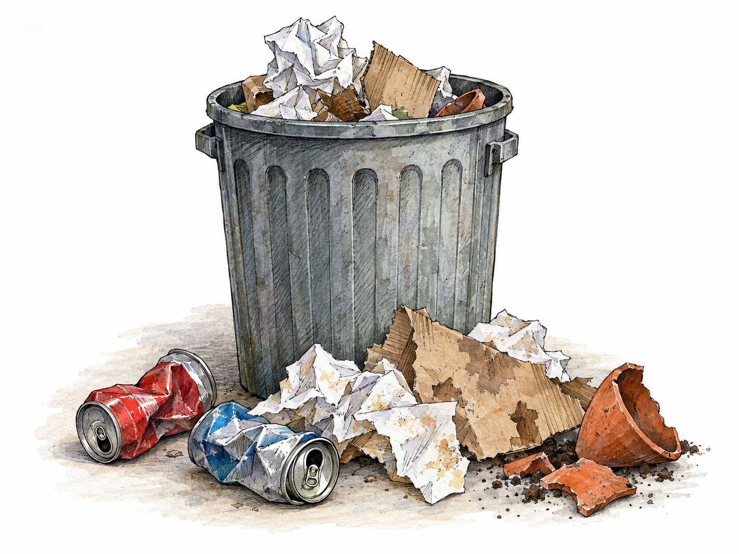 A small heap of discarded, broken household material beside an open rubbish bin: crushed cans, torn cardboard, crumpled paper and a shattered flowerpot.