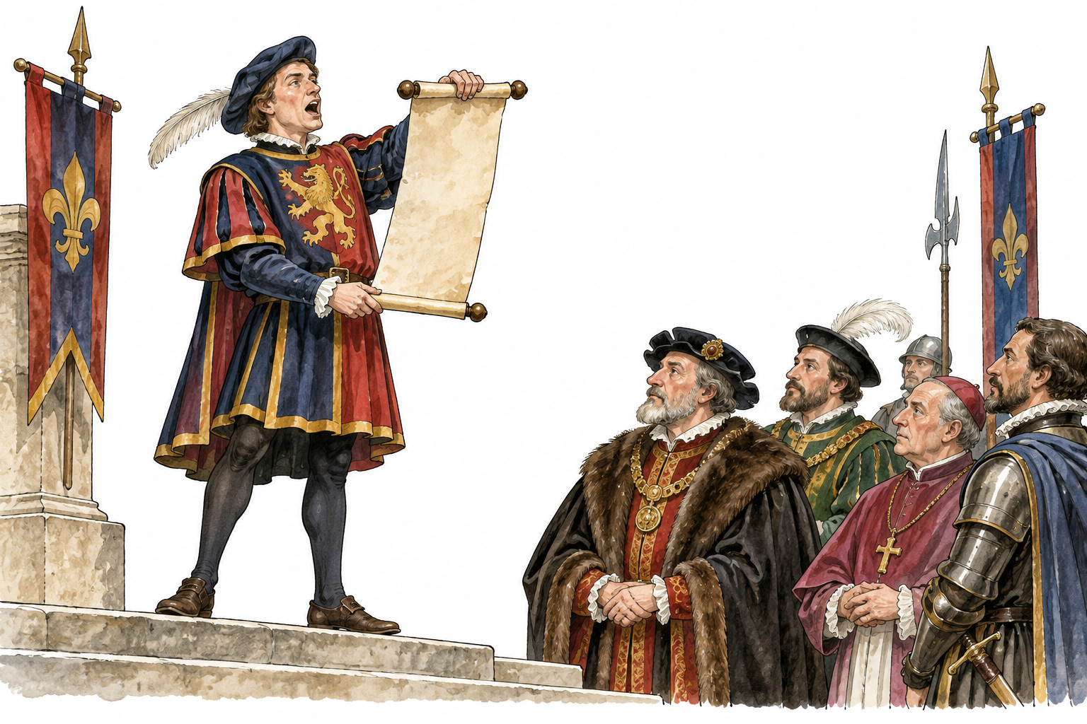 Formal messenger unrolls a proclamation to gathered officials at a ceremony.