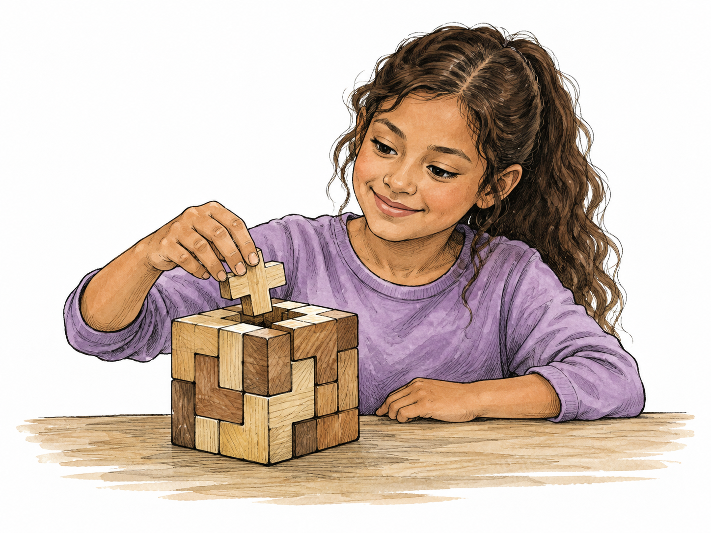 A Latina student fits the final piece into a complex wooden puzzle with satisfaction.