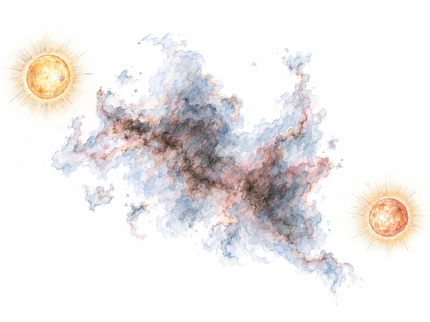 A sparse astronomical view of a diffuse gas-and-dust cloud occupying the open space between two clearly recognizable stars, illustrating matter existing between stars.