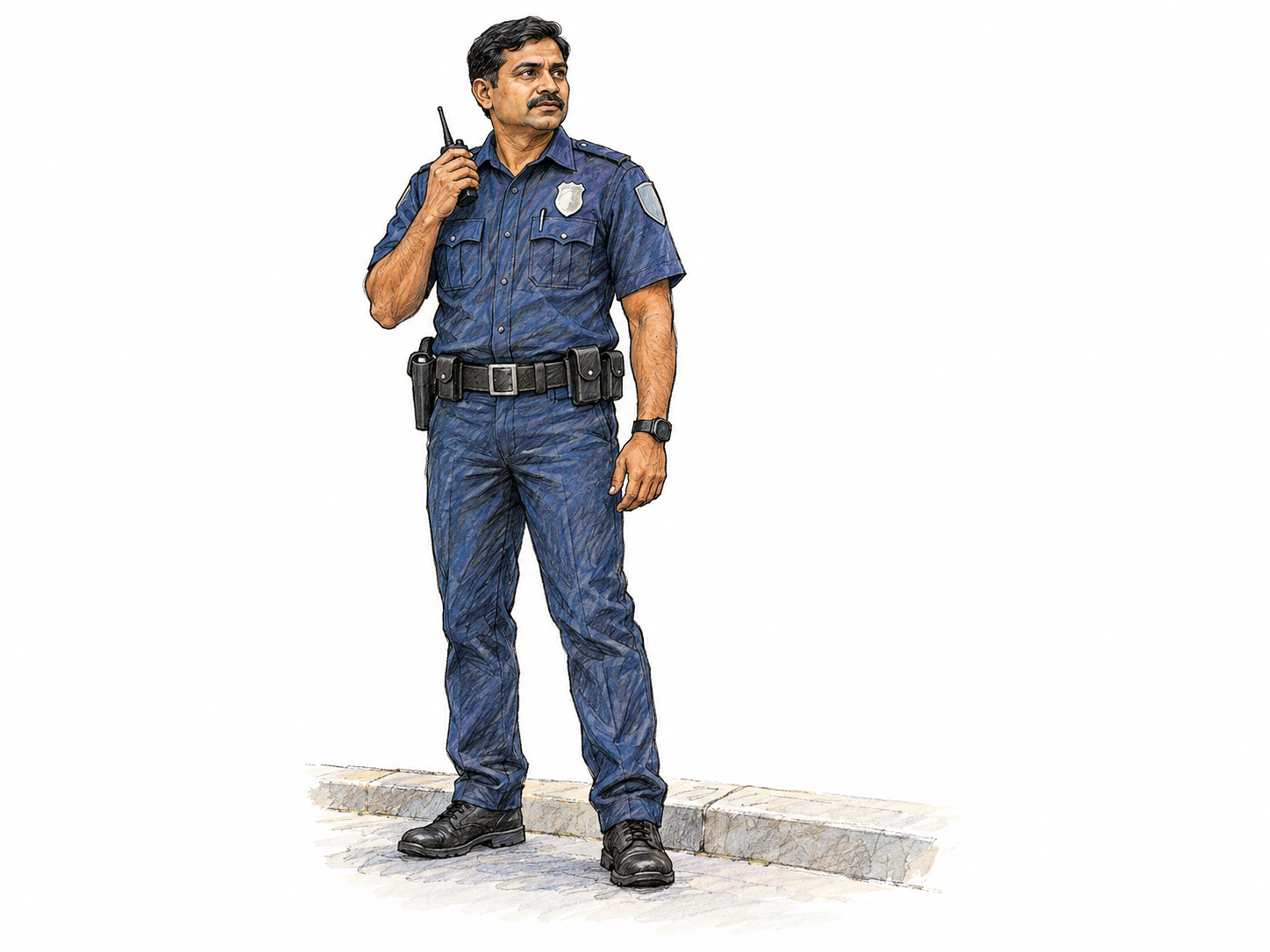 A uniformed police officer stands on a quiet sidewalk, holding a small radio at his shoulder.