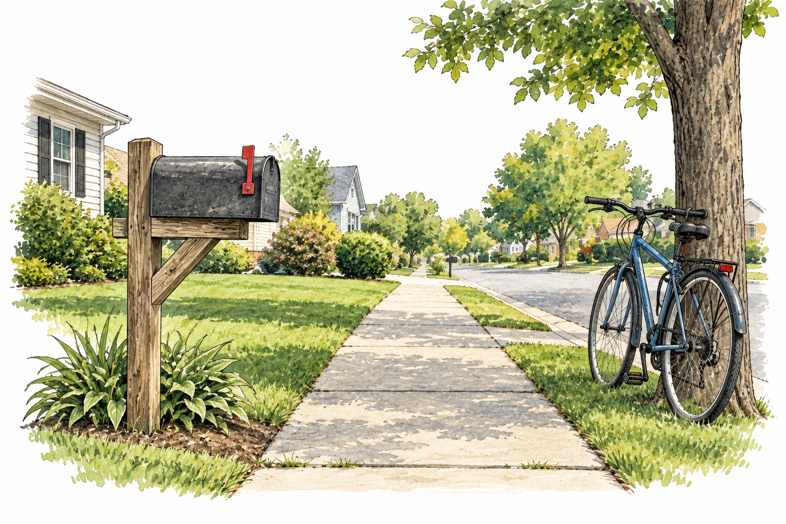 Ordinary neighborhood scene with plain mailbox, sidewalk and parked bicycle.