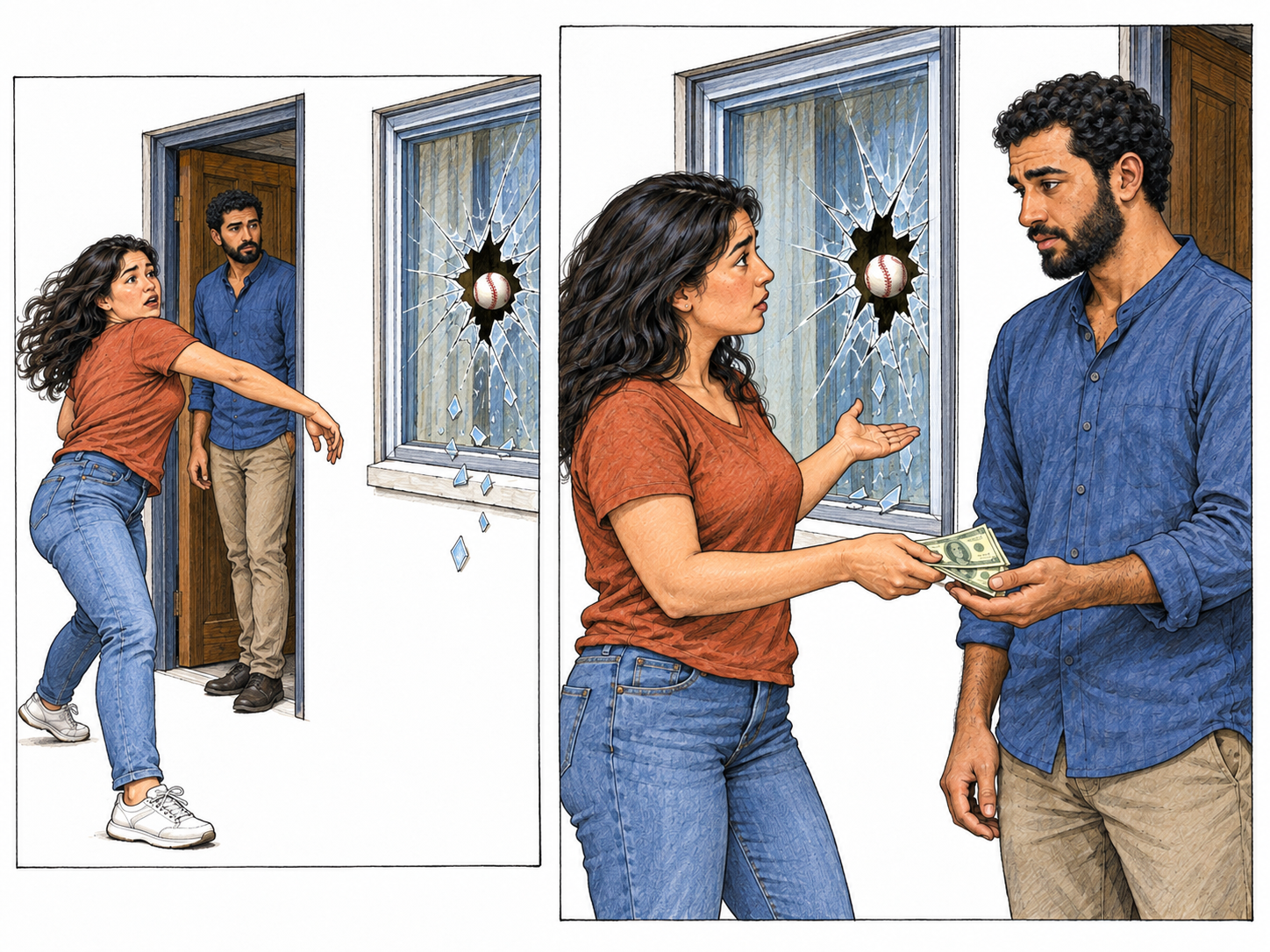 A two-panel sequence shows compensation for property damage: a woman accidentally throws a ball through a man's window, then gives him money beside that same broken window.