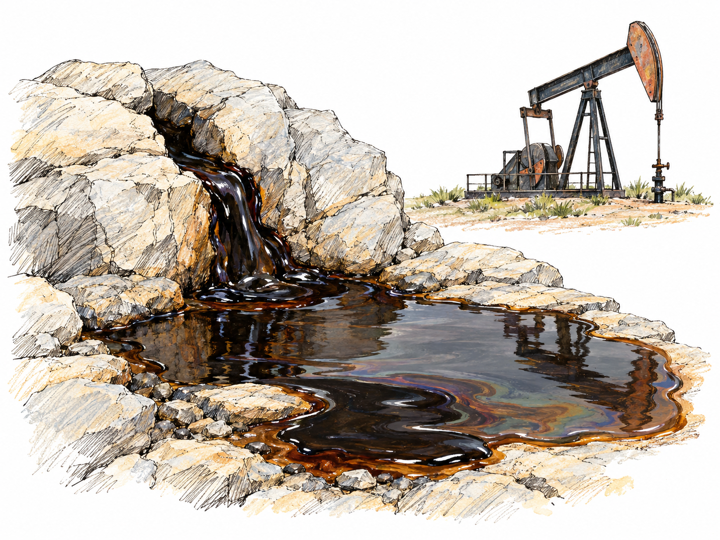 A natural seep of thick, dark crude oil emerging from a fissure in exposed rock, with a small oil pumpjack farther behind to distinguish petroleum from muddy water or tar.
