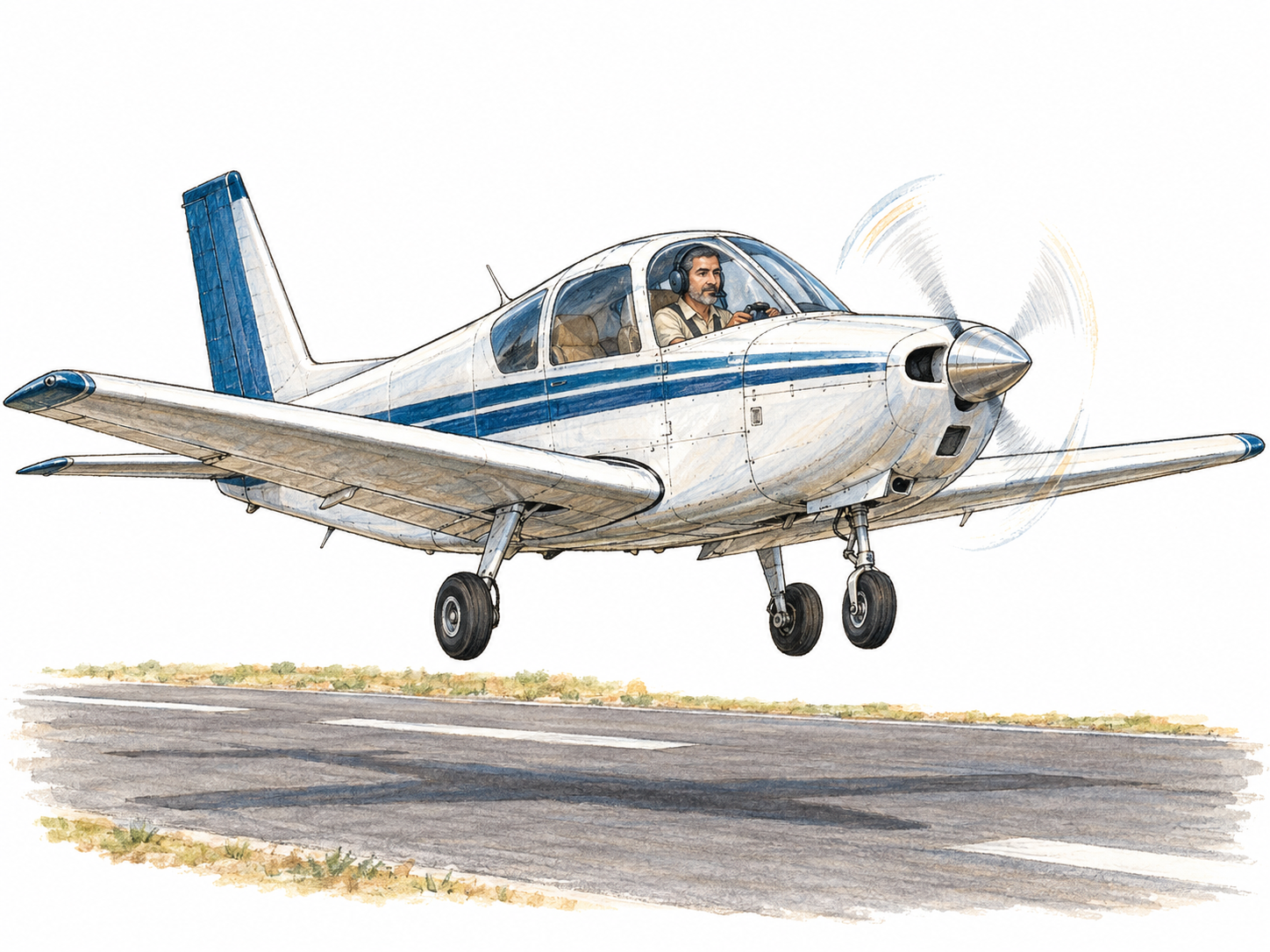 A pilot operates a small civilian aircraft during takeoff, with its wheels just above the runway, clearly depicting aircraft use rather than birds or a static model.