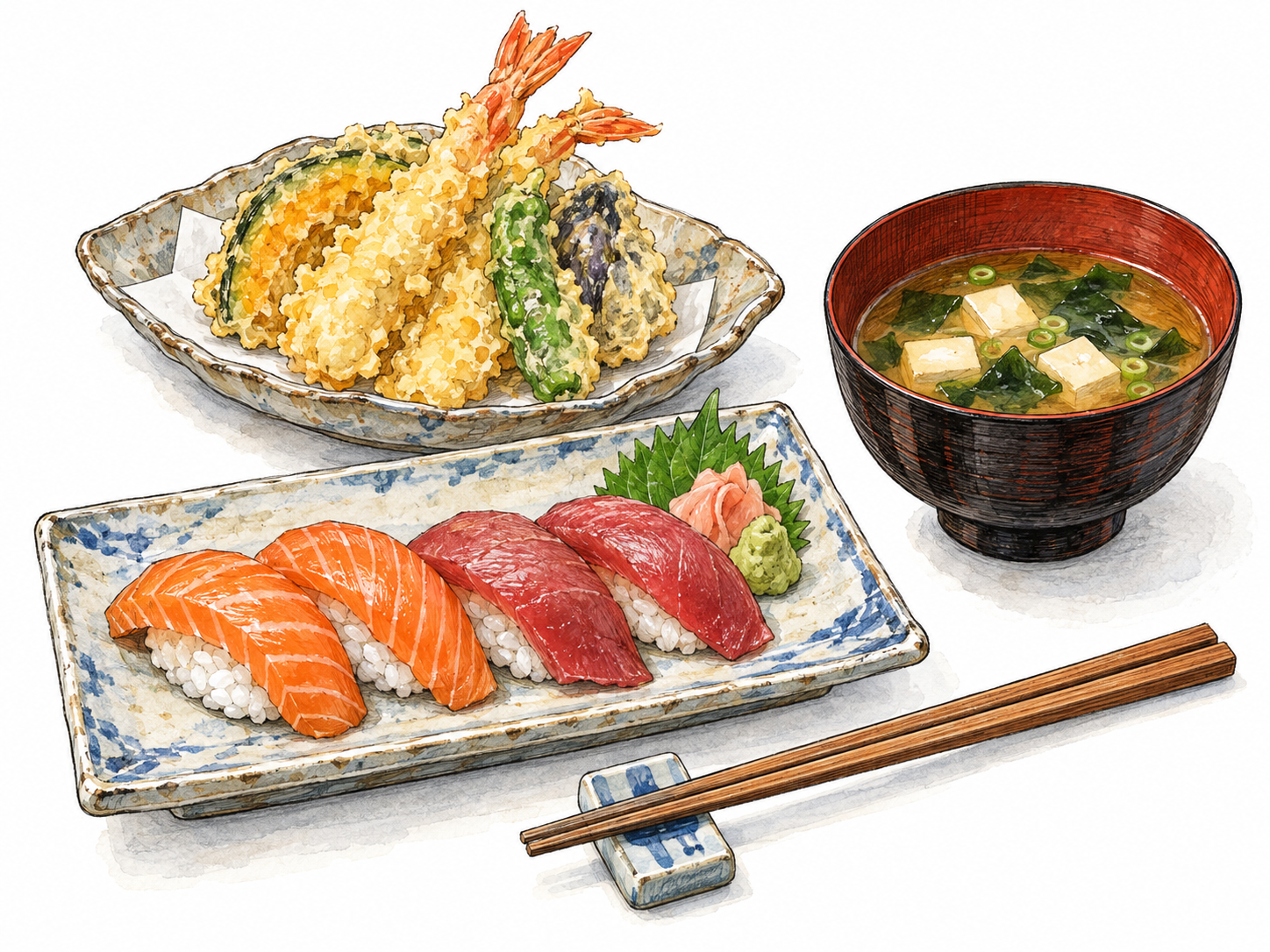 A cohesive Japanese meal presents a recognizable culinary tradition through sushi, tempura and miso soup, rather than depicting a generic kitchen or an unrelated assortment of foods.