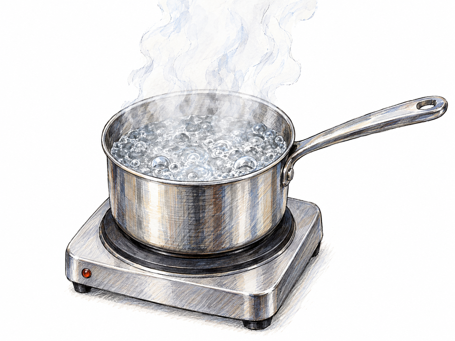 A small uncovered saucepan of vigorously boiling water on a compact hotplate, with a clearly visible pale plume of steam curling upward.