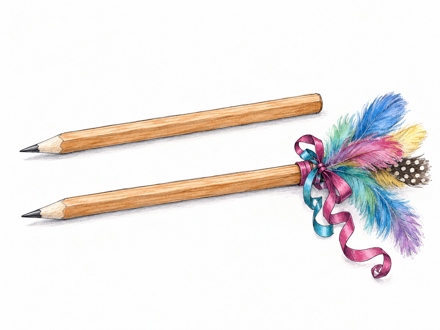 Two otherwise identical usable pencils lie side by side; one has an oversized, colorful feather-and-ribbon topper, making the purely decorative extra immediately apparent.
