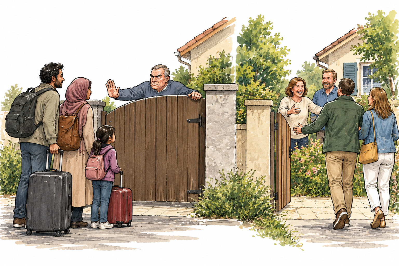 A hostile neighbor shuts a gate against a arriving family carrying travel suitcases while another neighbor welcomes local visitors, newcomers dignified, clearly exclusion of arrivals, no writing or stereotypes.