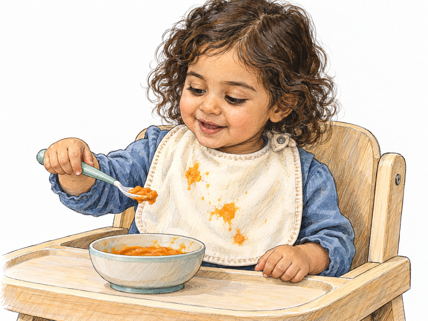 A toddler eating in a high chair wears a clearly visible cloth bib tied under the chin, with spilled food on the bib and a clean shirt beneath it.
