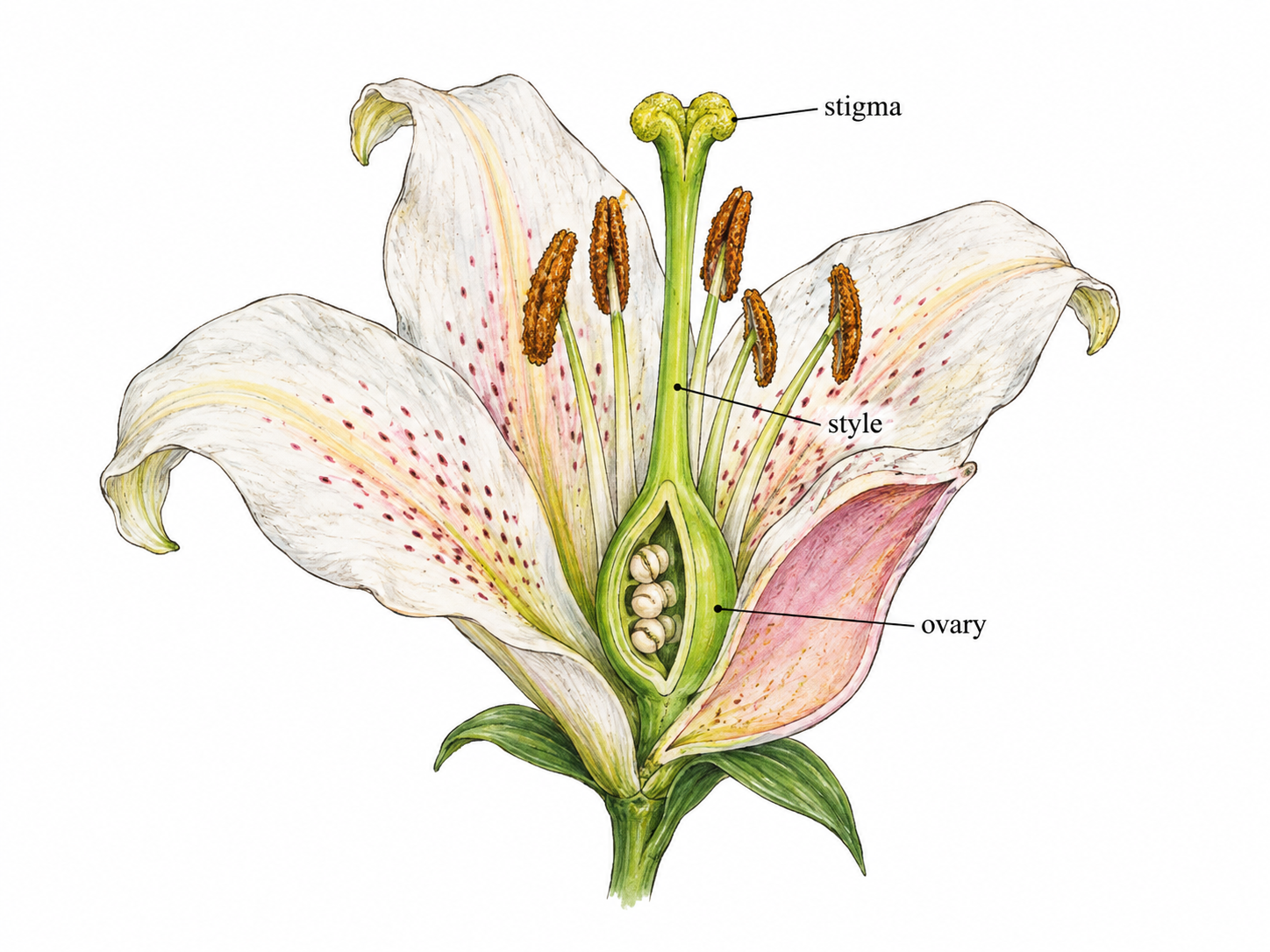 A botanically accurate lily shown with one petal gently cut away to reveal its central pistil: prominent three-lobed stigma atop a slender style leading to swollen green ovary, with a small cutaway showing ovules inside.