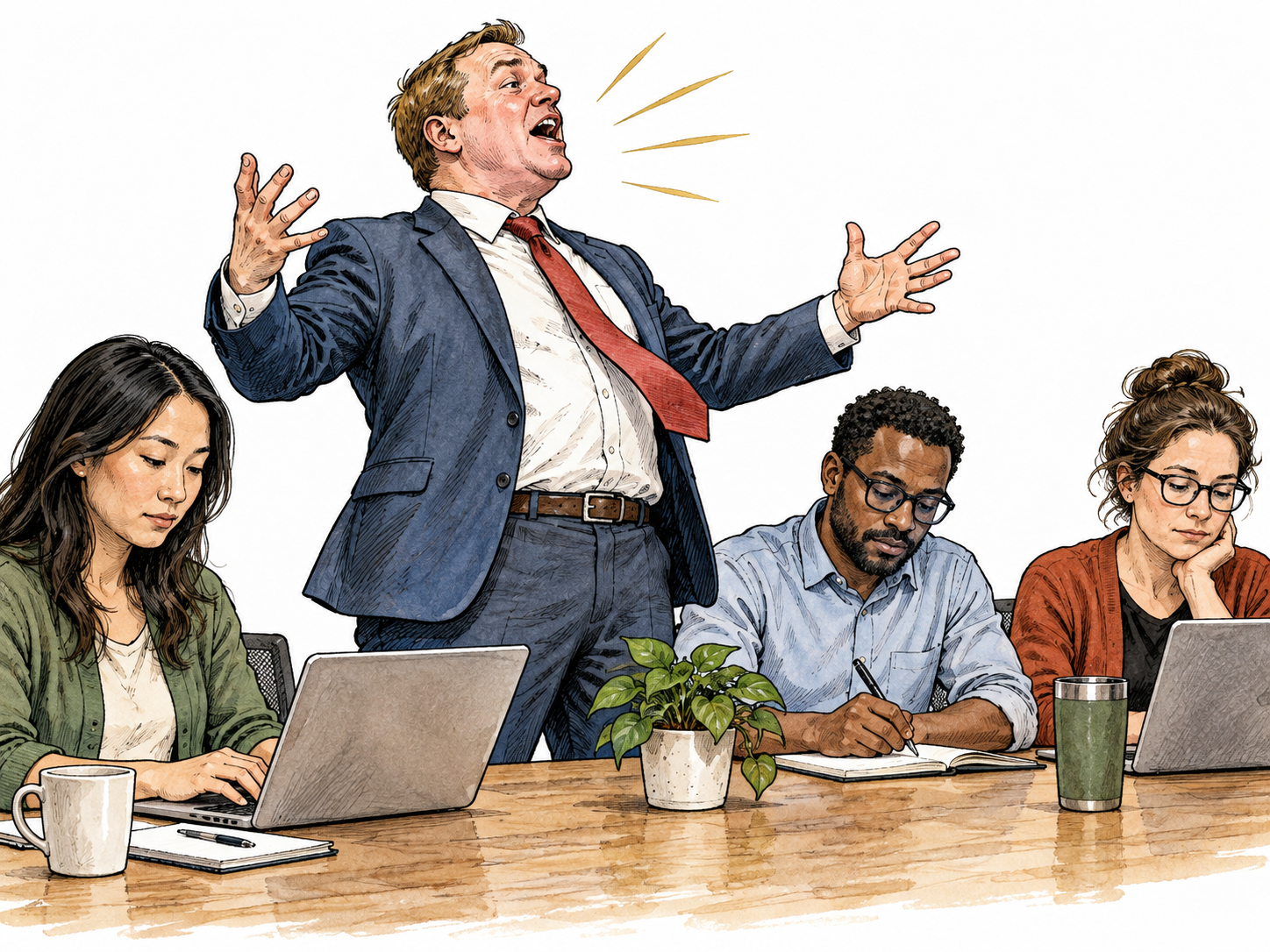 A loud gesturing man receives little attention from seated coworkers.