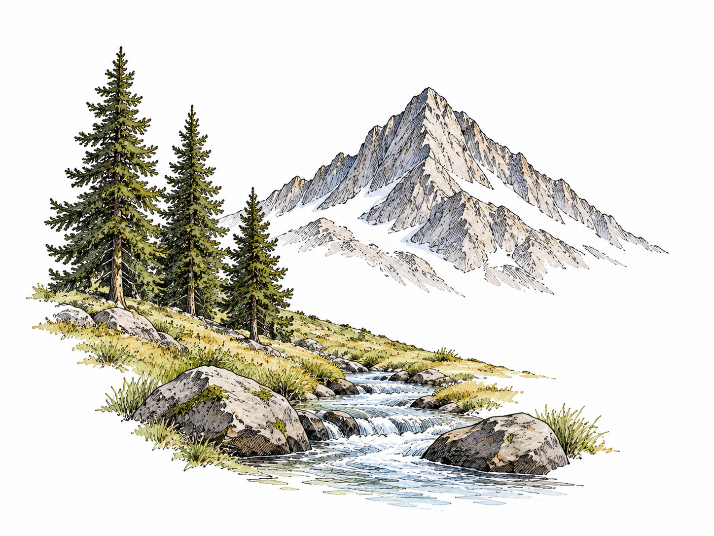 Compact remote uncultivated landscape vignette: rough mountain ridge behind small stand of pines and winding stream, no buildings roads paths or people.