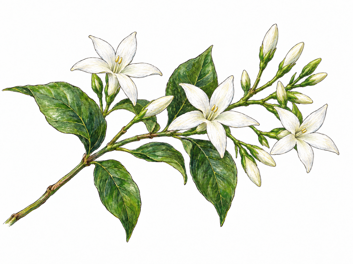 A close, clearly drawn jasmine sprig with glossy green leaves, several small white star-shaped blossoms, and unopened buds, emphasizing the flowering plant itself.