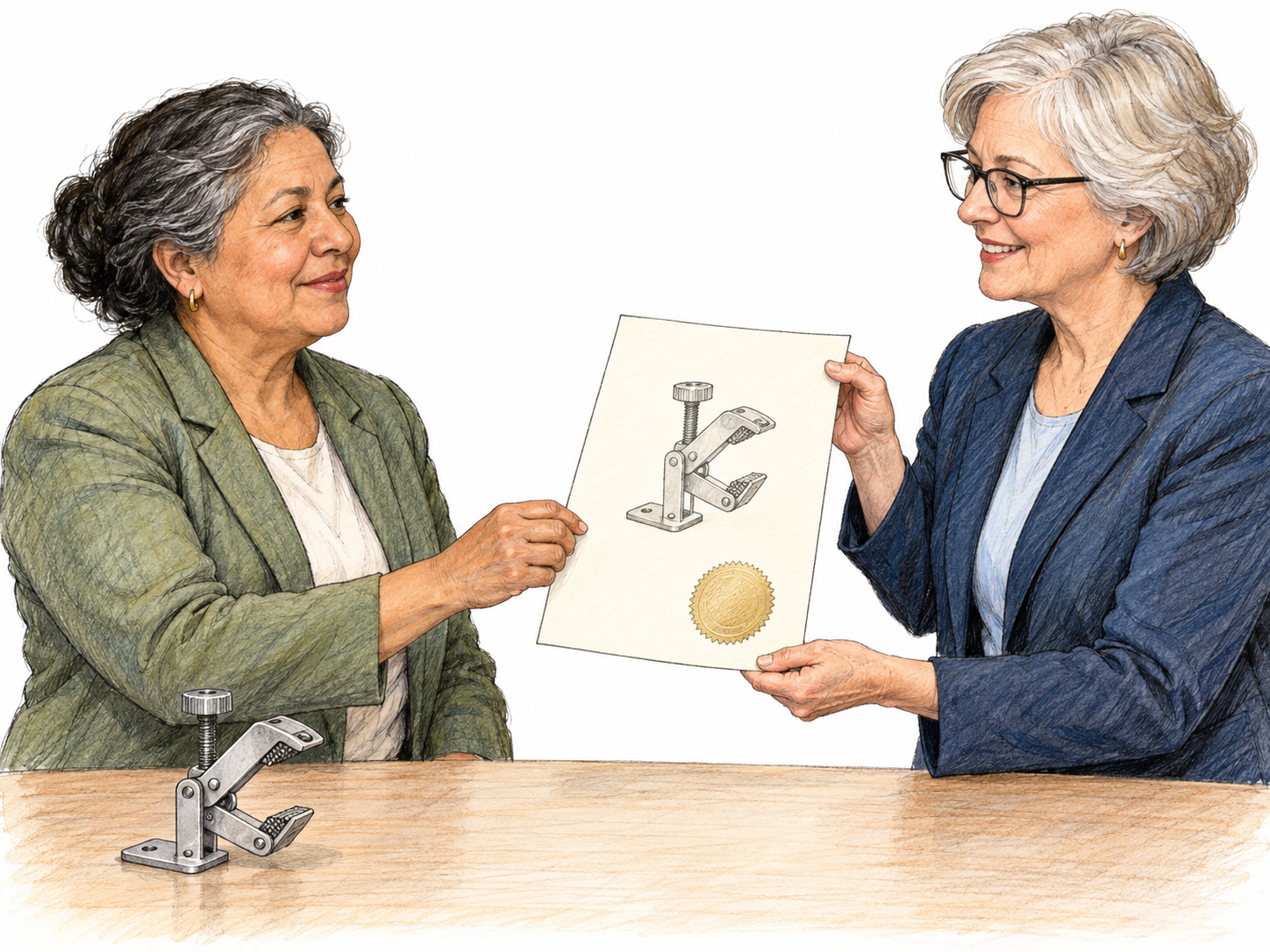 An older inventor receives an official grant document from a government patent officer, with the inventor's small mechanical prototype beside them.