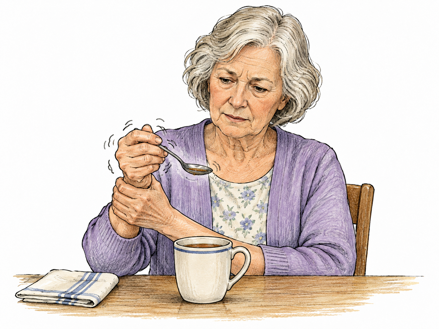 An adult steadies a trembling hand with the other while holding a plain spoon over a cup; a few subtle pen vibration marks show involuntary tremor, dignified everyday context.