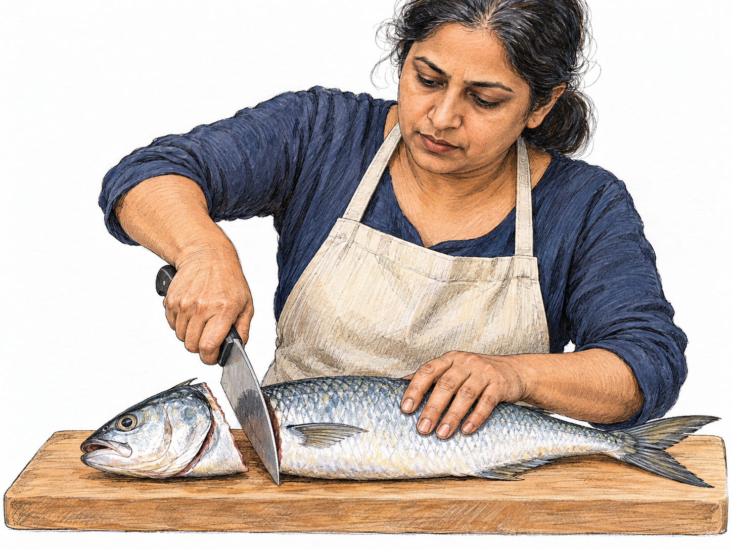 A cook cuts the head off a whole fish on a cutting board, with the knife at the neck and the head visibly separating from the body.