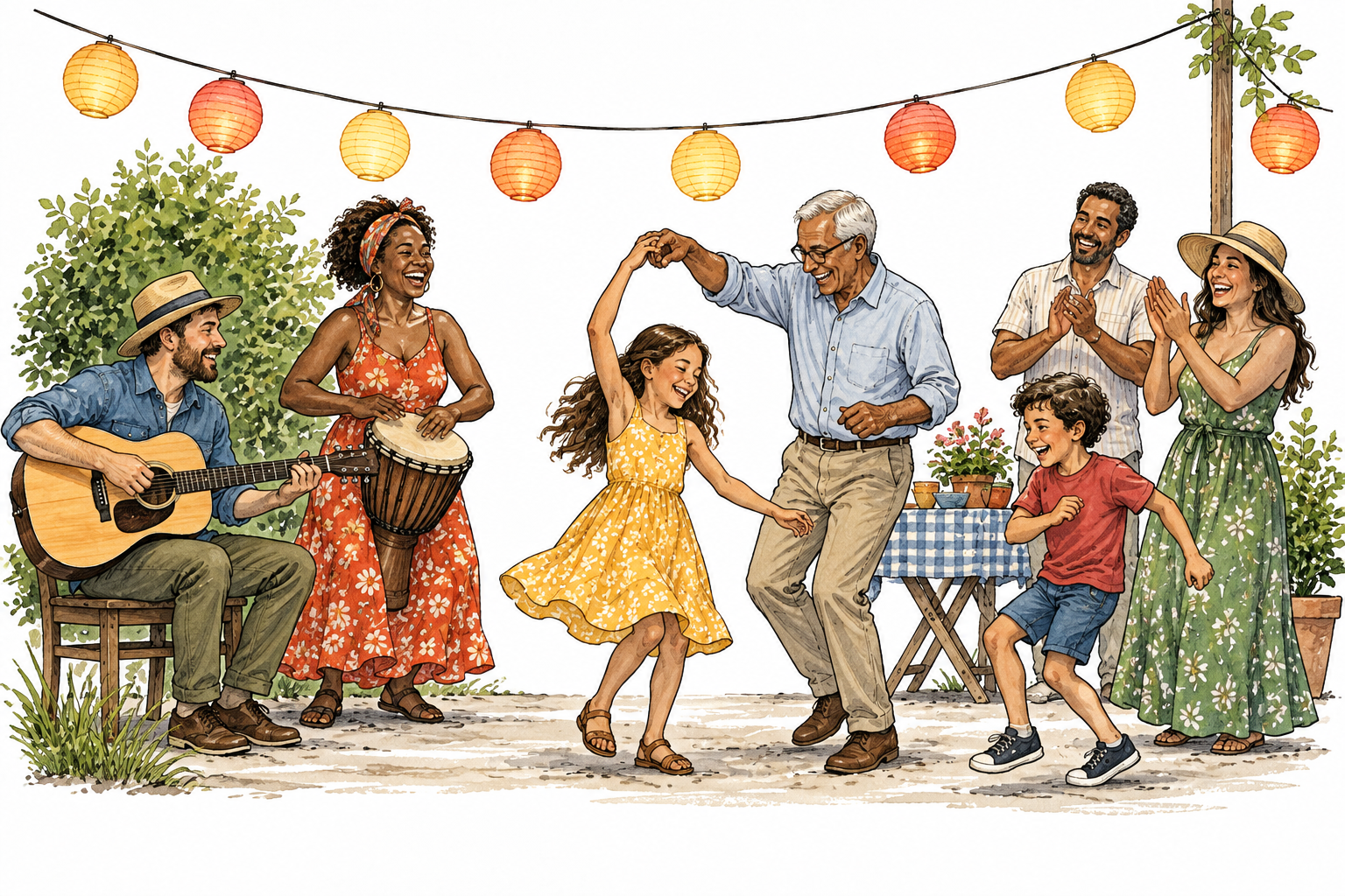 Mixed-age neighbors enjoy music, dancing and celebration beneath simple lanterns.