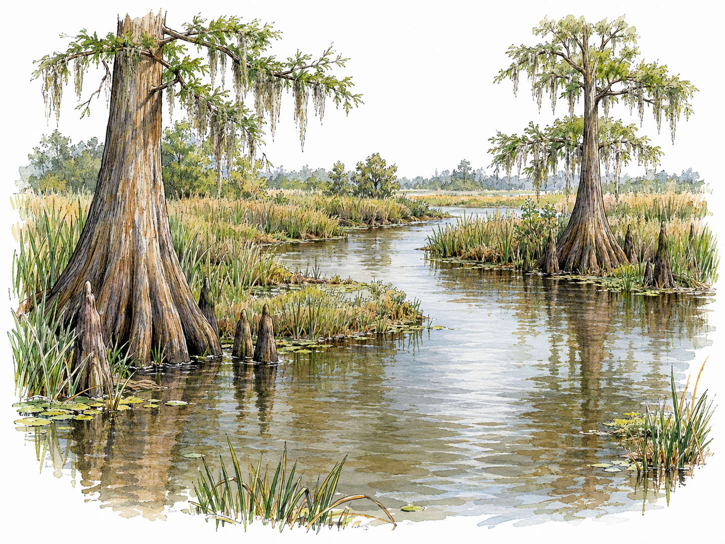 A narrow, winding bayou with nearly still water, waterlogged grassy banks, and a few bald cypress trees rooted at the marshy edges.