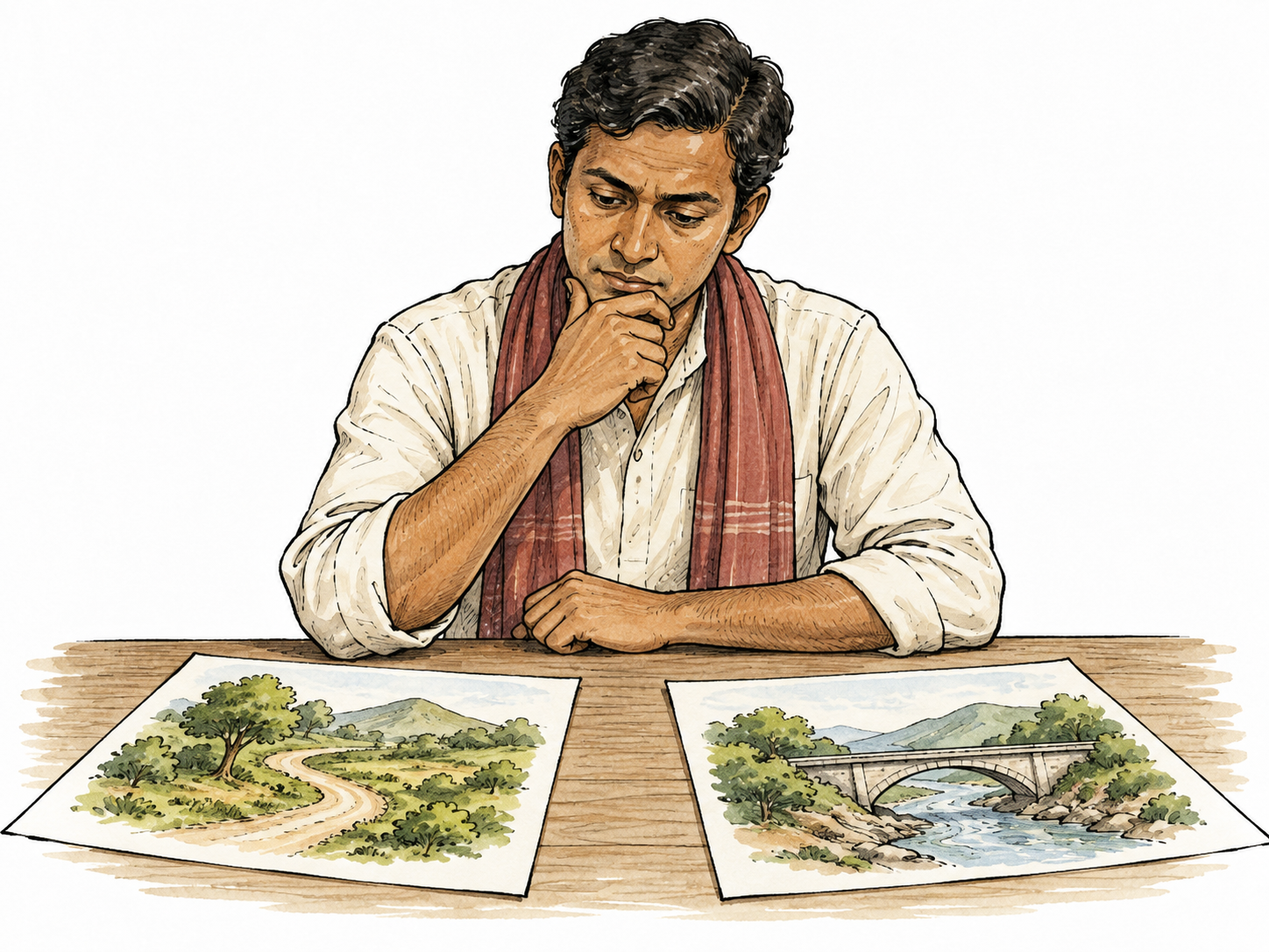 South Asian decision-maker carefully weighs two proposed plans before choosing, calm thoughtful pose.