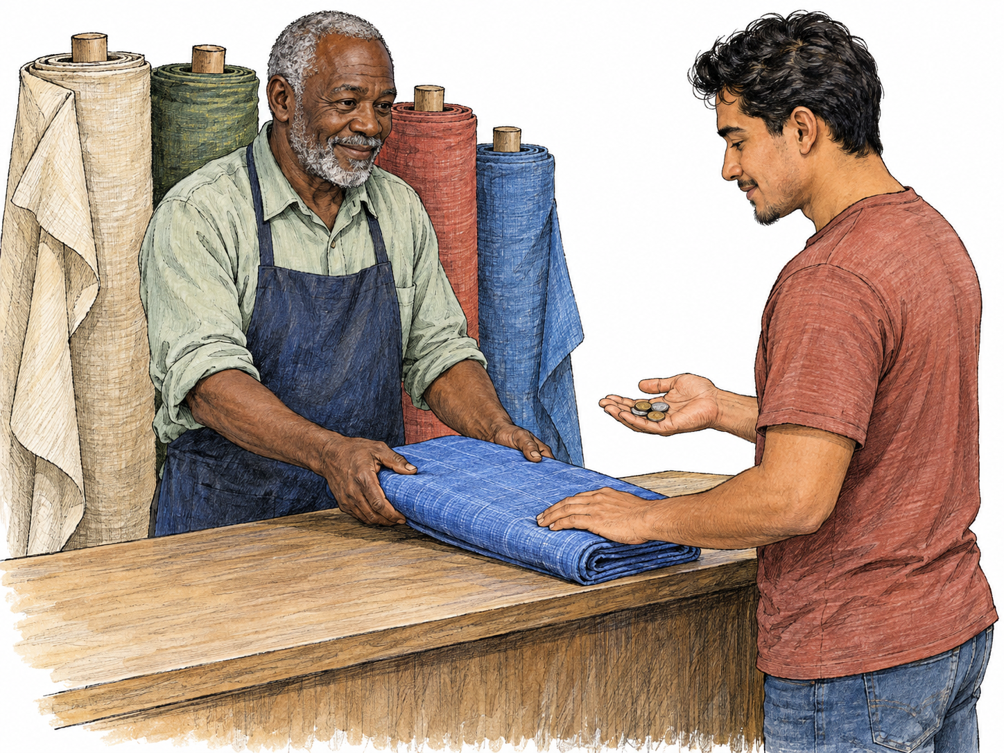 A cloth merchant sells a folded length of fabric to a customer across a counter, with upright fabric bolts clearly identifying the merchandise.