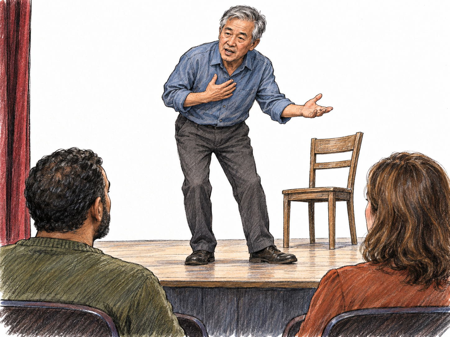 A sustained dramatic solo speech: one expressive actor commands a small theater stage while seated spectators listen.