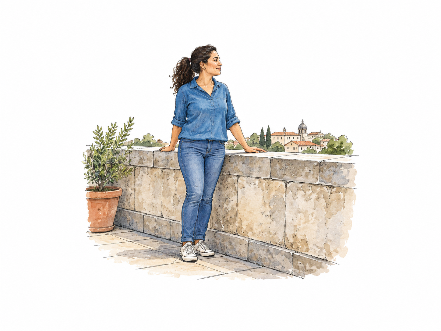 Roof terrace edge has low solid protective stone wall, a person safely standing behind it shows scale.
