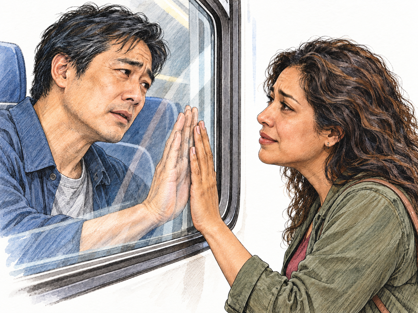 A man and woman separated by a closed train window lean toward one another, their palms aligned on opposite sides of the glass.