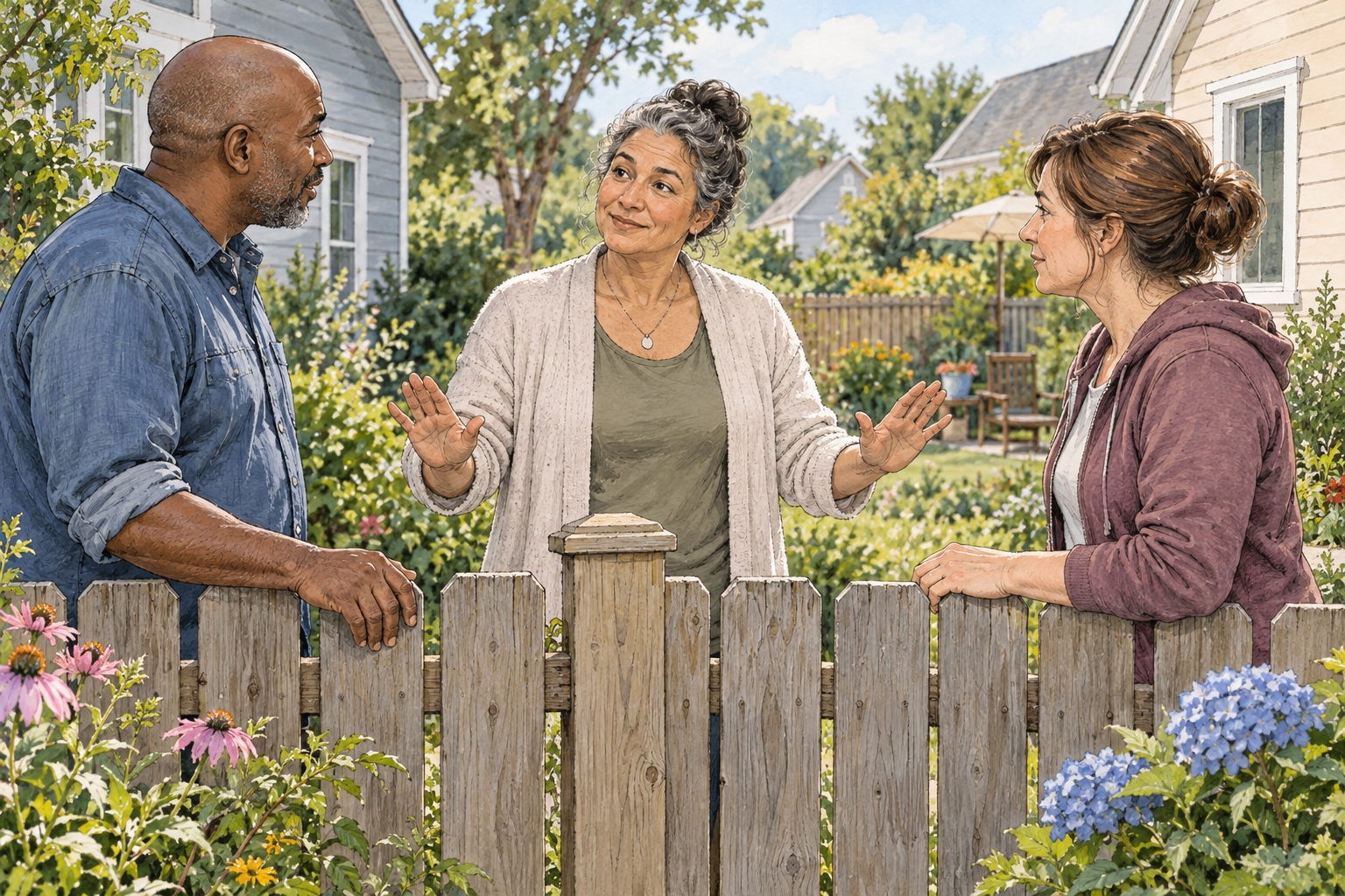 A calm mediator gently brings two arguing adult neighbors into a peaceful conversation beside their shared garden fence, each lowering tense hands and listening, mediator's open palms and easing expressions show active calming of conflict.