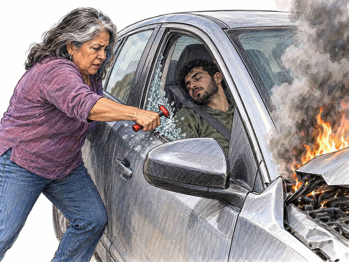 Breaking a car window is visibly justified by the need to rescue a trapped occupant from a burning vehicle: the dangerous situation and otherwise destructive action appear together.