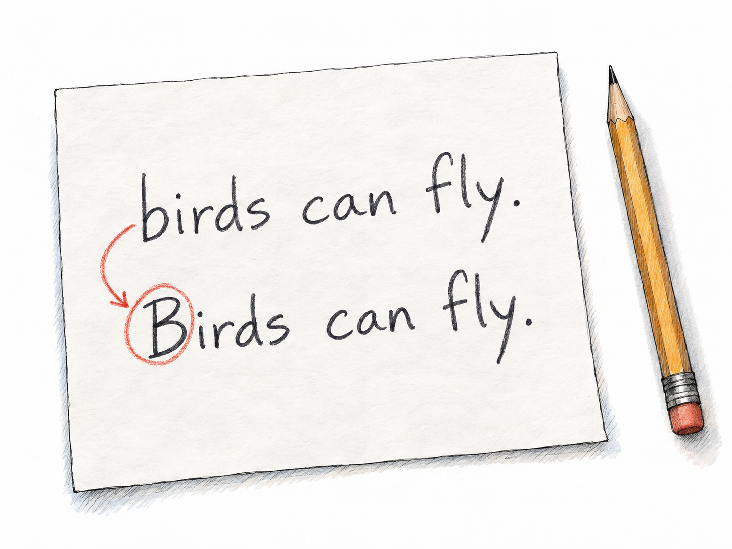 A simple sheet of handwriting paper shows the same short sentence twice: first entirely lowercase, then with its initial letter correctly capitalized.