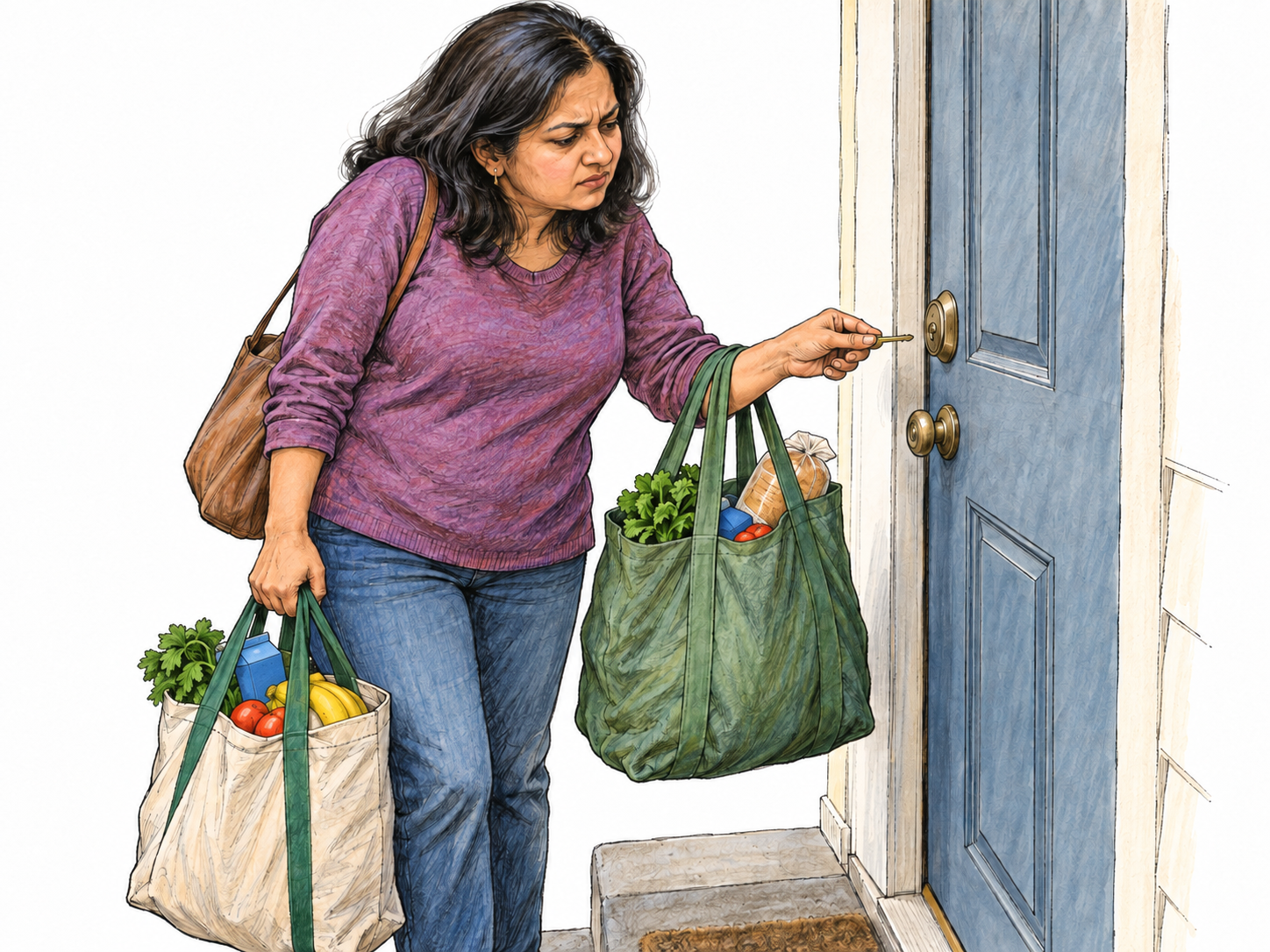 A shopper carrying two full grocery bags awkwardly tries to unlock her front door without a free hand, showing a small but troublesome interruption to an ordinary task.