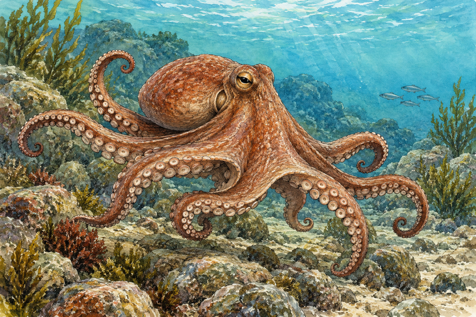 An octopus swimming low over a rocky seabed, soft rounded mantle, intelligent eye and exactly eight distinct curling arms with suckers clearly countable, realistic animal, natural reddish brown coloring and blue-green water.