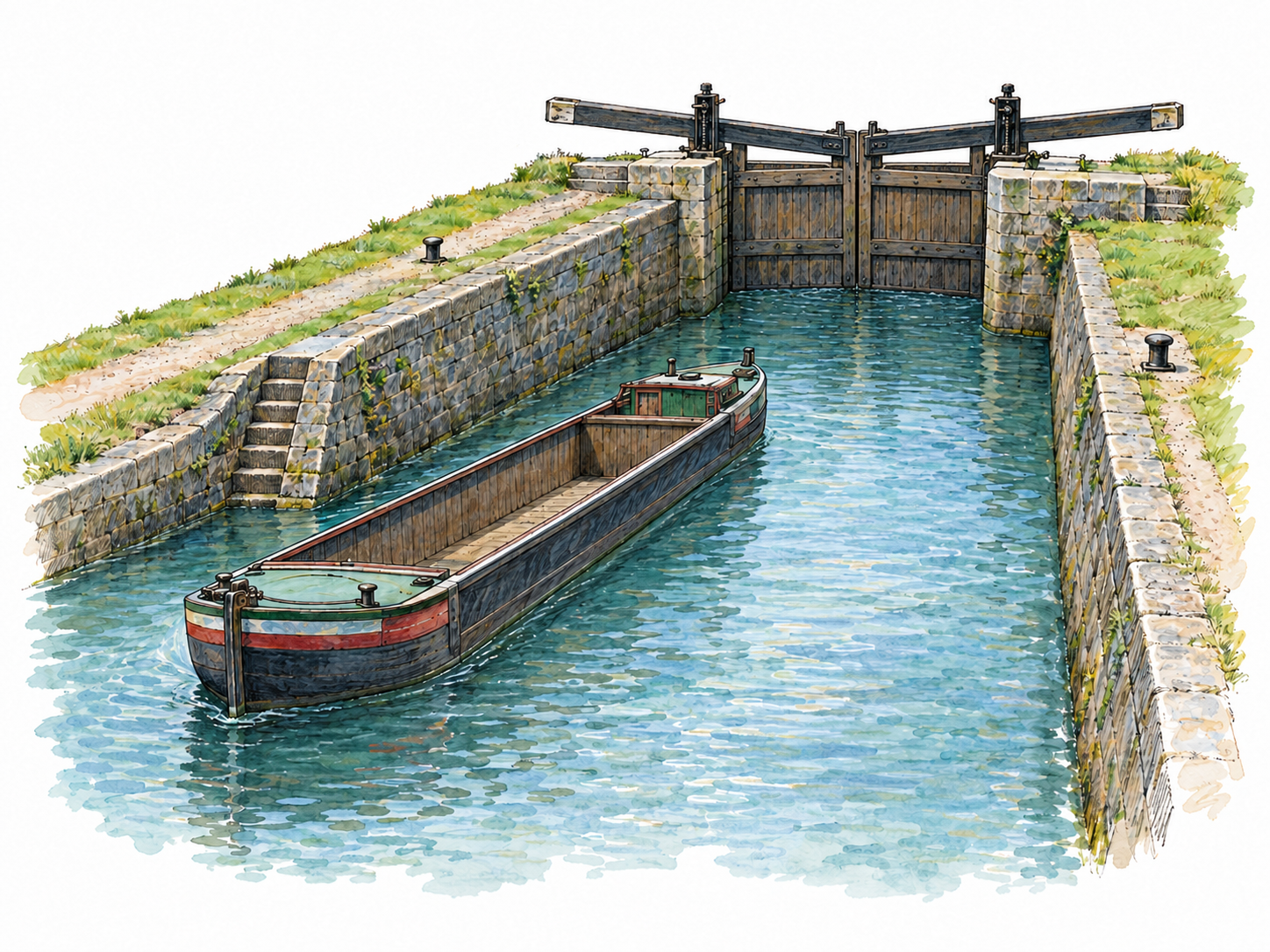A straight engineered canal with parallel masonry banks, a visible lock gate, and a small unmanned cargo barge makes the artificial waterway unmistakable.