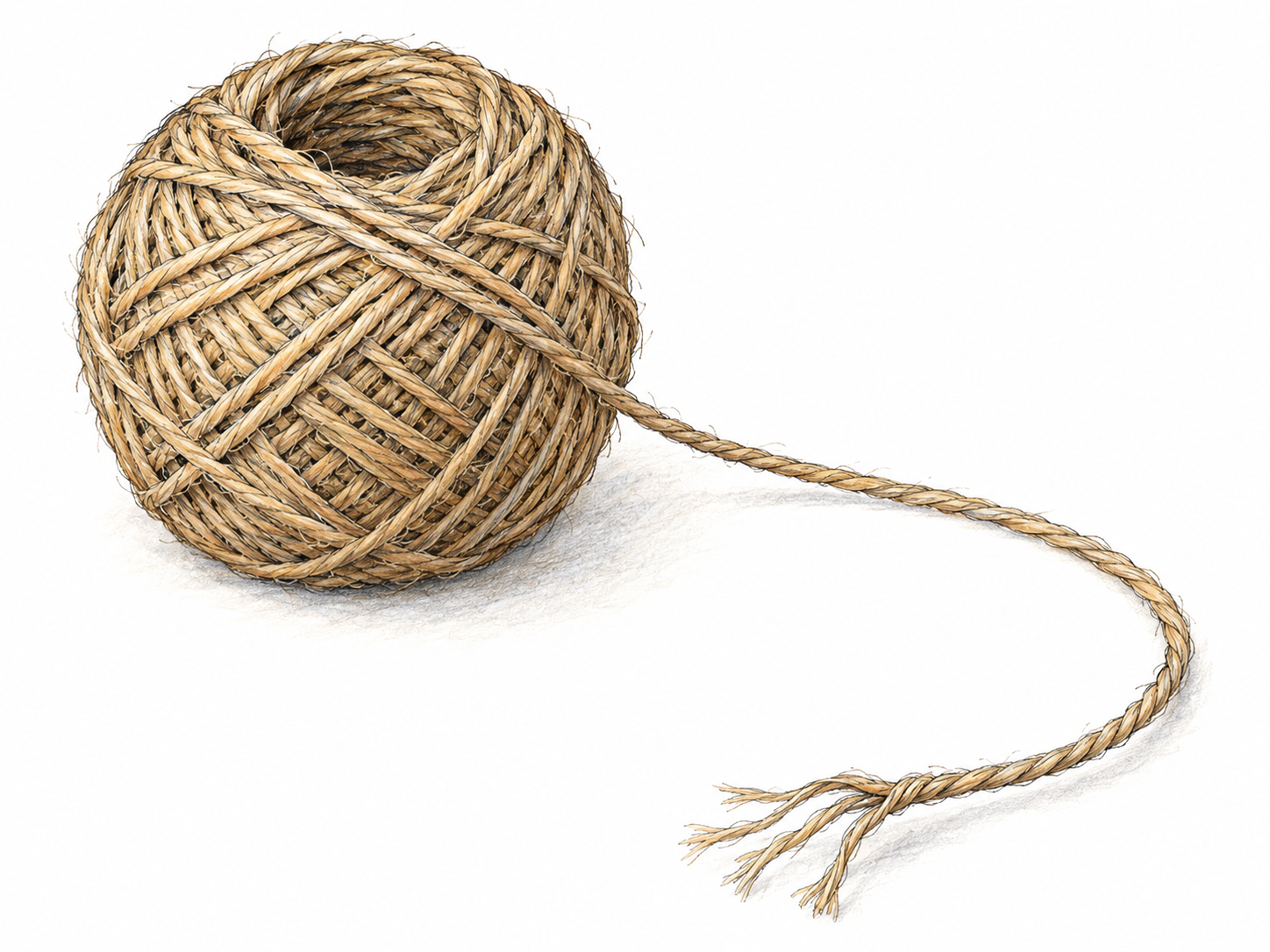 A compact ball of natural-fiber twine with a loose length curling forward, its twisted strands clearly visible and its short end slightly unraveled.