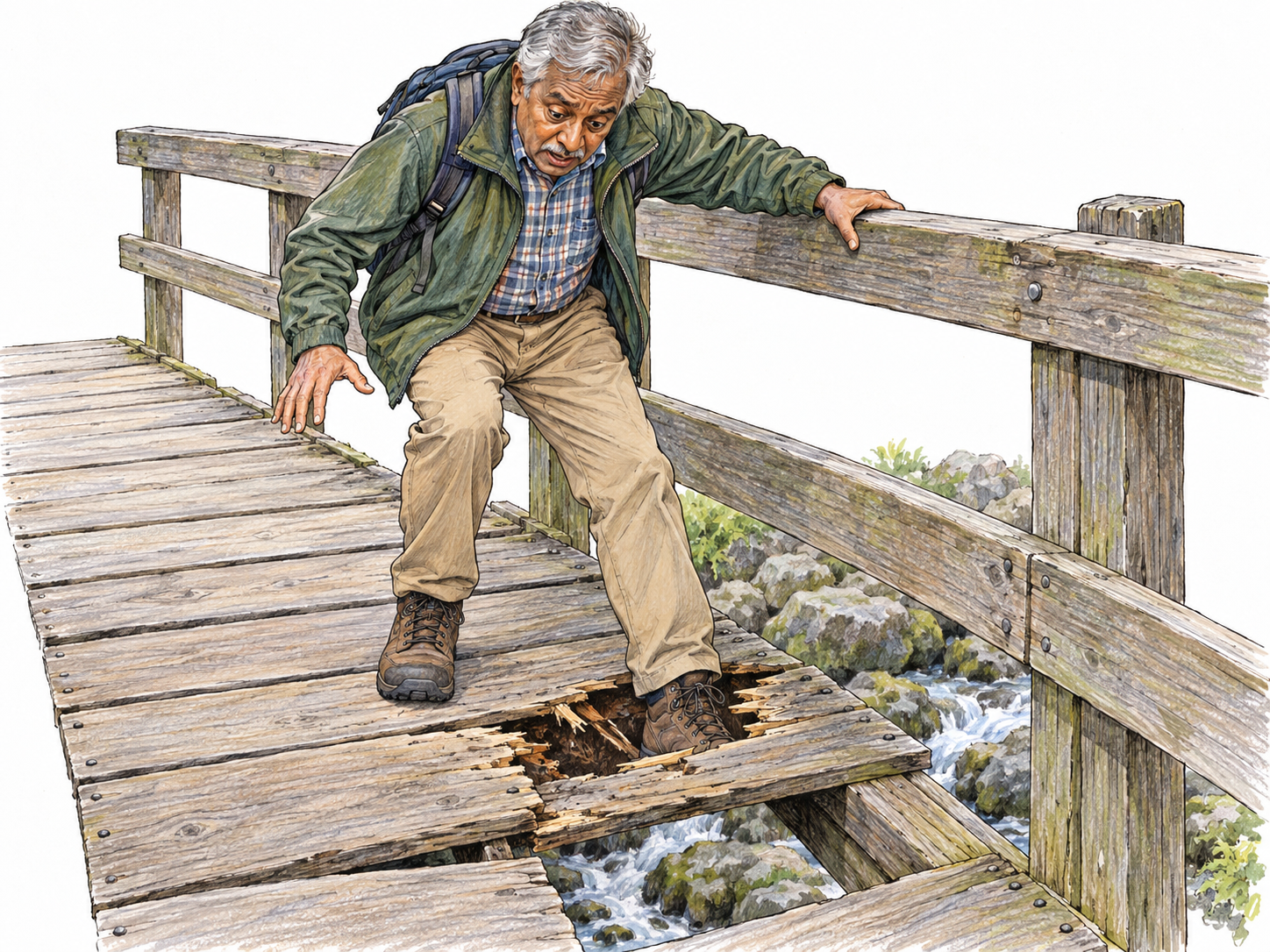 An apparently sound wooden footbridge gives way beneath a walker: one boot breaks through a plank whose weathered upper surface concealed a rotten, crumbling interior.