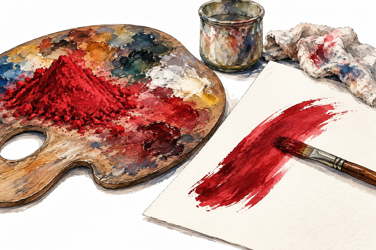 An artist's palette with a vivid carmine pigment mound and a saturated crimson brushstroke on white paper, material and color dominant.