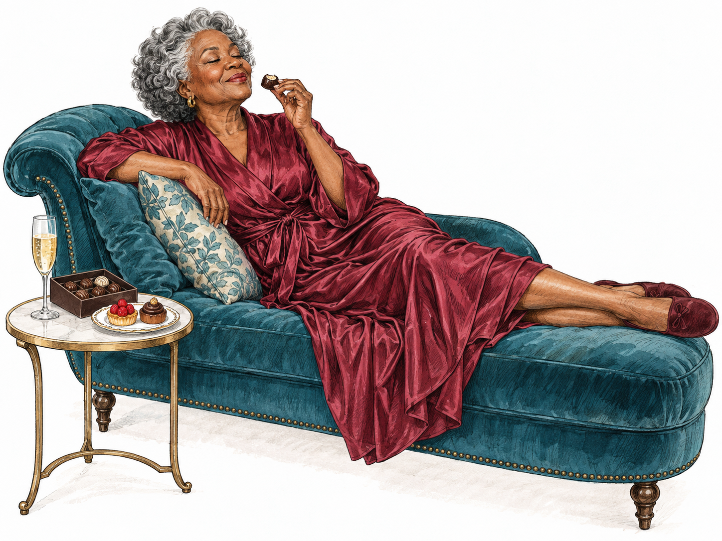 An older woman luxuriates on a plush chaise, savoring a chocolate truffle beside a small tray of champagne and exquisite treats.