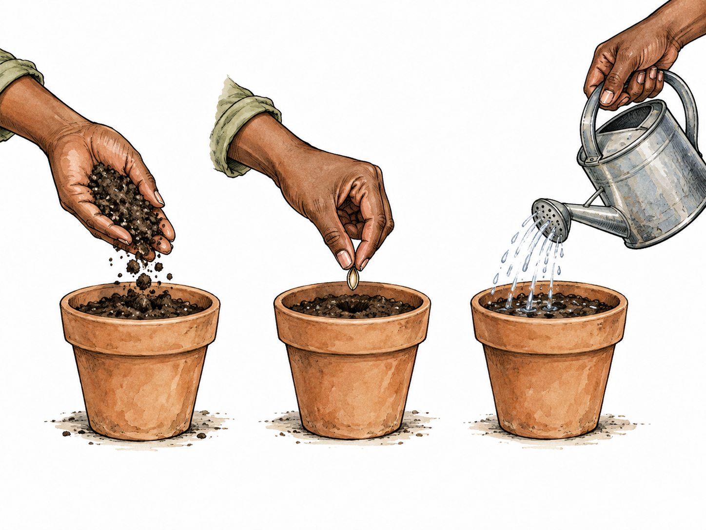 Three ordered practical steps of planting shown with a hand filling pot, setting seed, watering, clear established sequence, no numbers or captions.