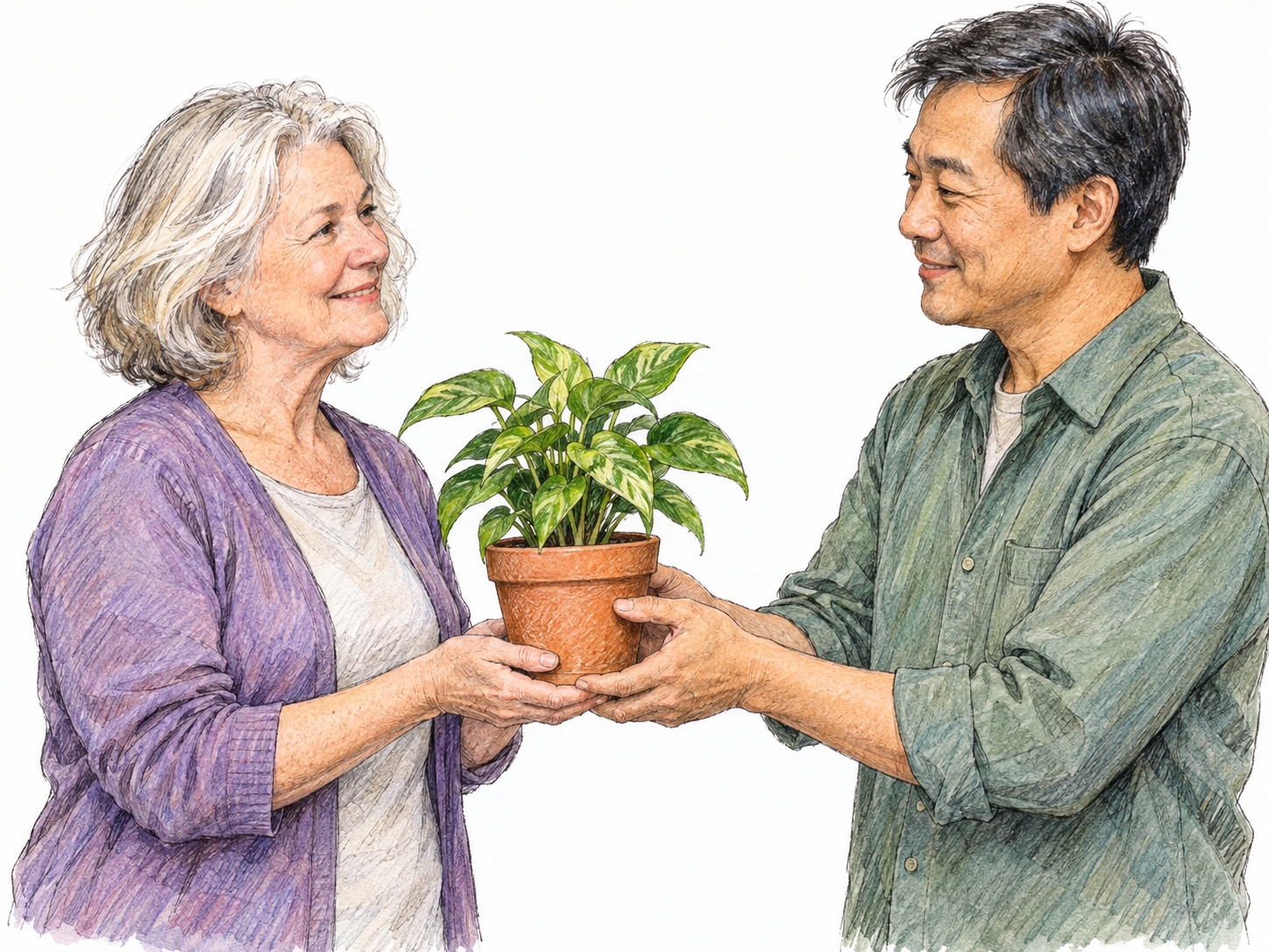 An older woman willingly accepts a small potted plant offered by a middle-aged man, smiling as she reaches out and takes its weight.