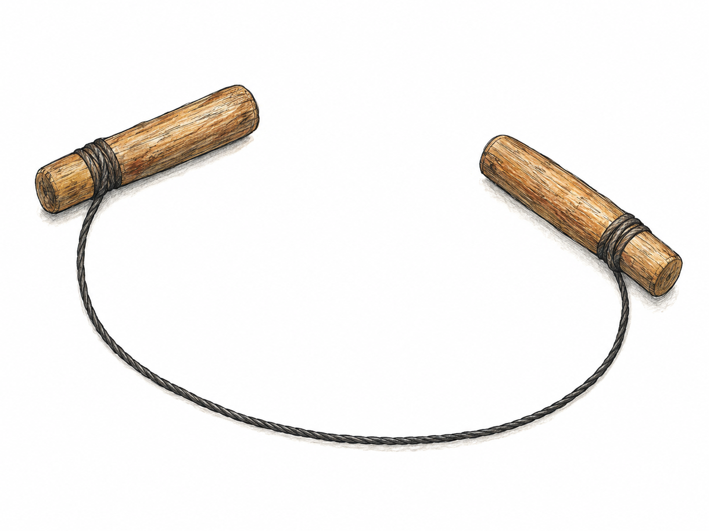 An isolated cord garrote with two plain wooden grips, its flexible cord lying in a loose curve so the complete implement is immediately visible.