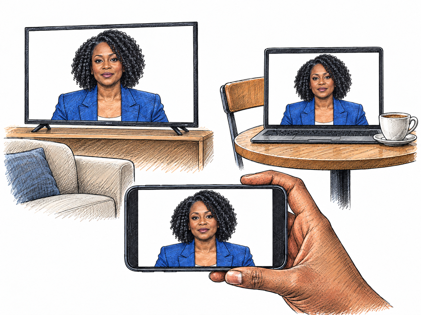 Three small modern place vignettes show the same news presenter simultaneously on a television at home, a cafe screen and a handheld phone; identical face and jacket on every screen, no captions or logos.