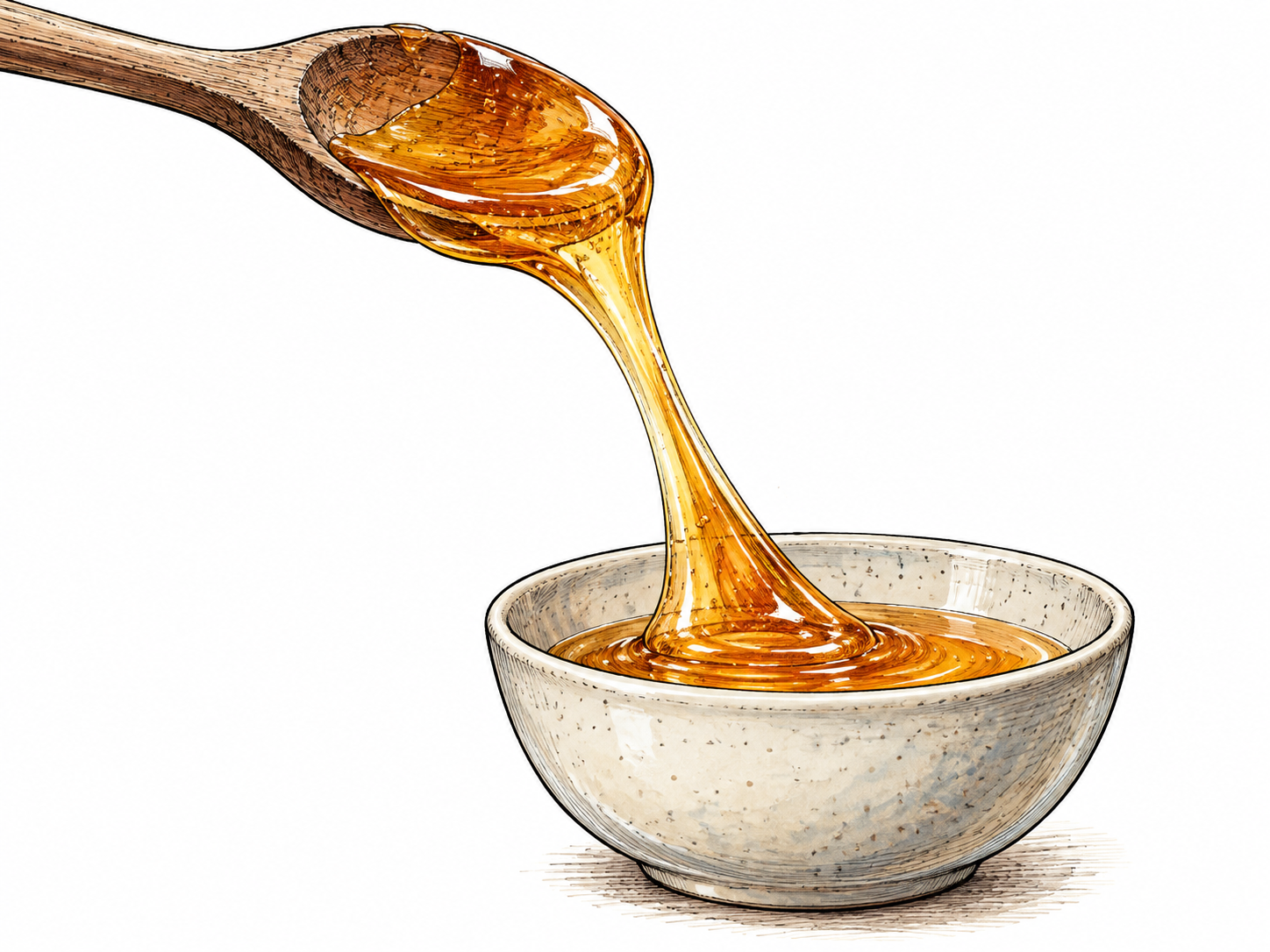 Thick adhesive syrup slowly stretches in a cohesive sticky strand from a wooden spoon toward a plain ceramic bowl, visibly resisting flow, neutral background.