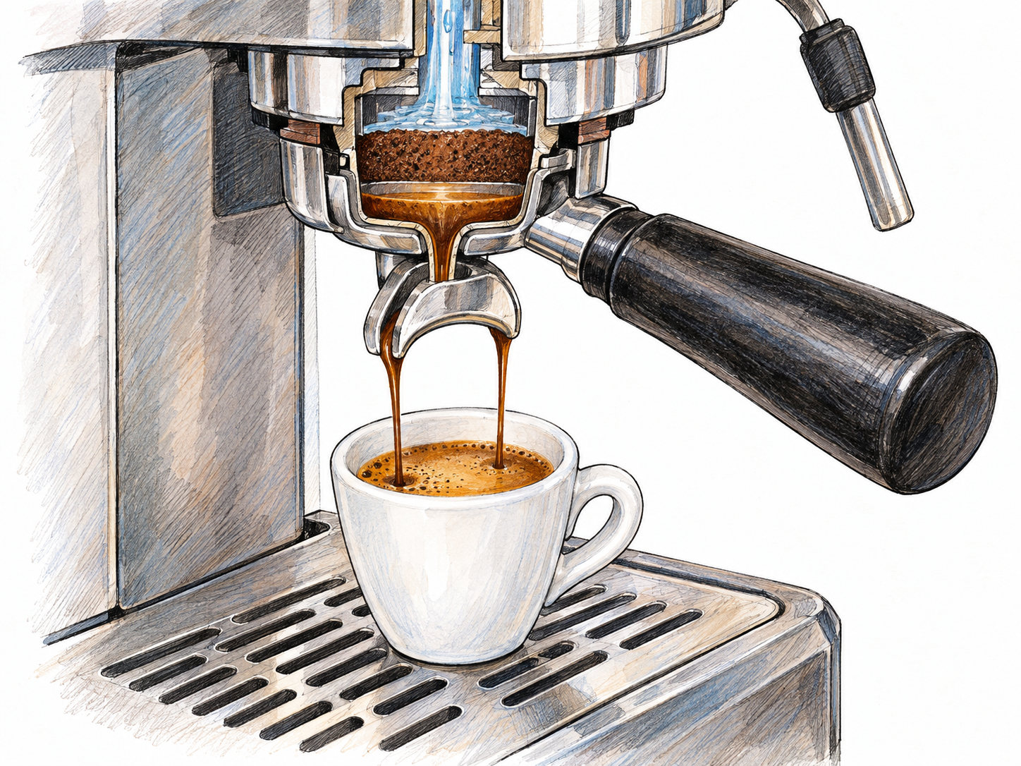 A close view of an espresso machine extracting a small, concentrated coffee into a demitasse, with a restrained cutaway of the brew head showing water passing through a compact bed of fine coffee grounds.