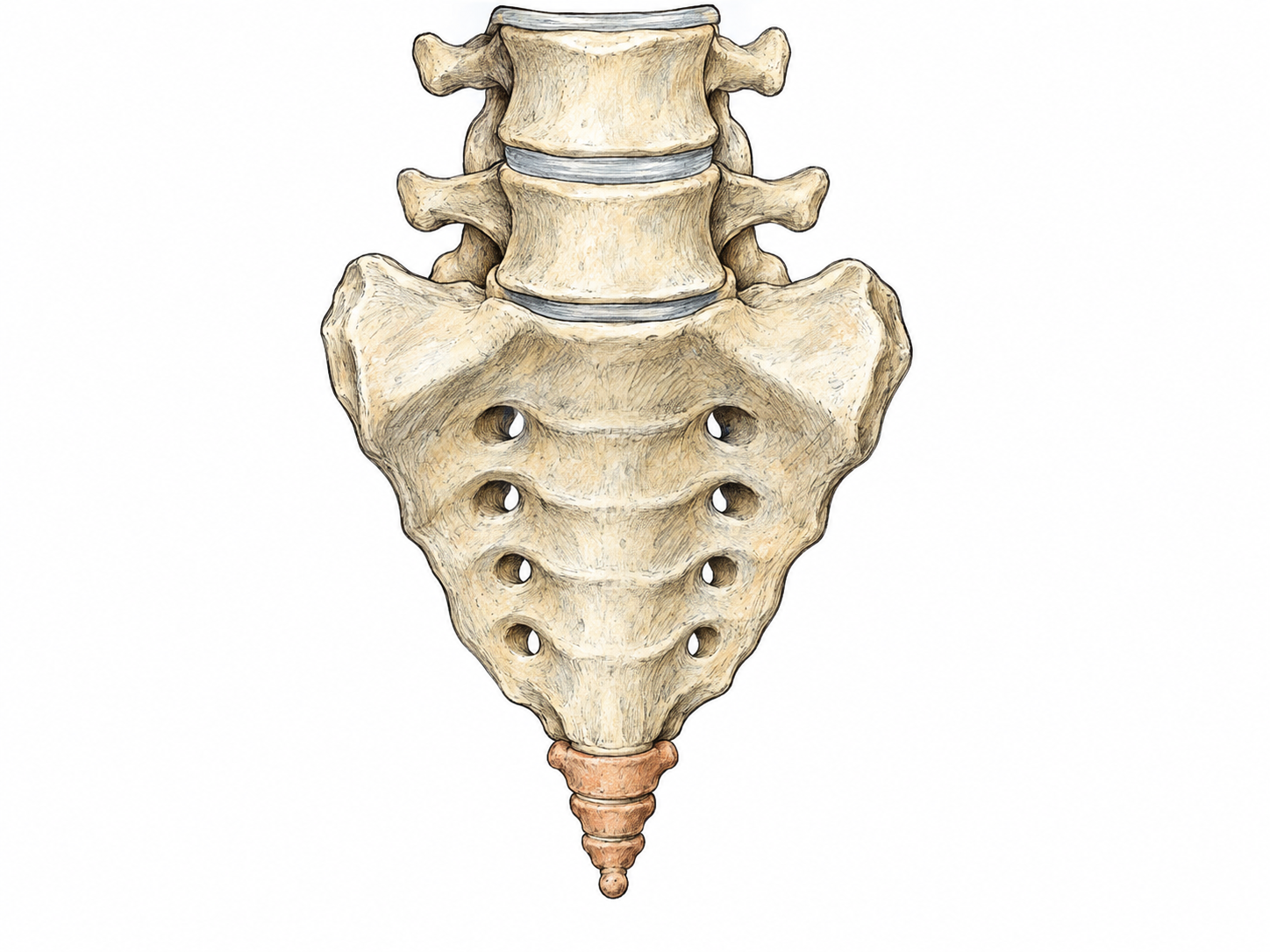 An isolated, anatomically accurate anterior view of the lower spine and sacrum, with the small terminal coccyx distinguished by a restrained warm wash.