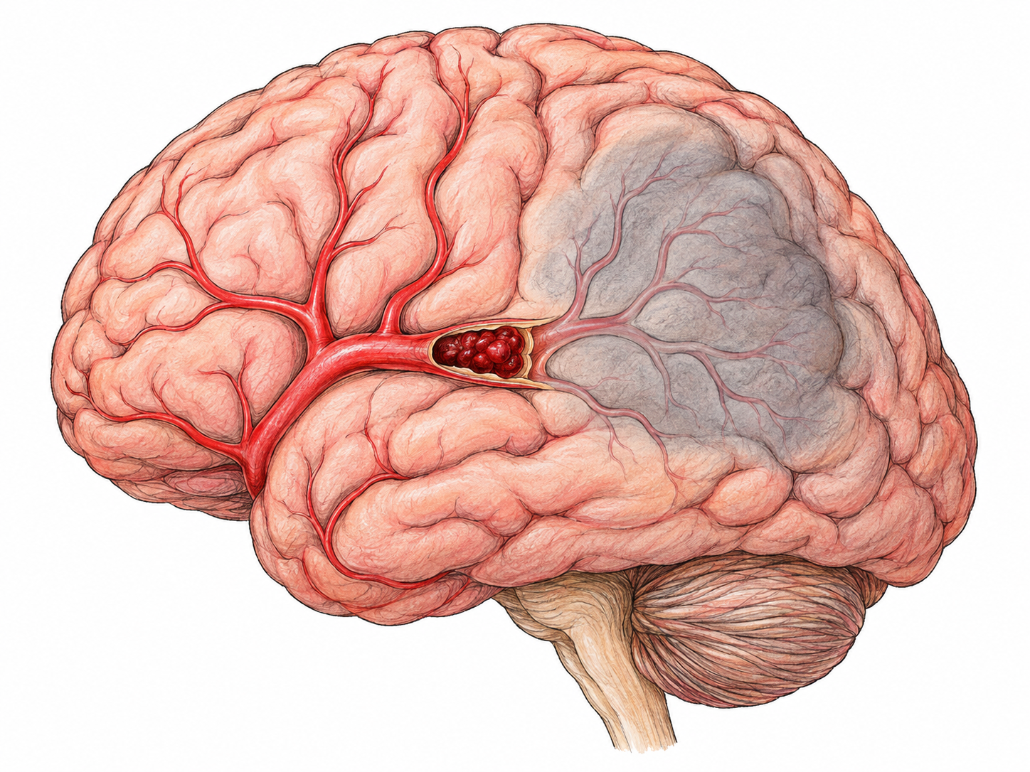 An isolated brain with a clearly visible clot obstructing a cerebral artery and a localized downstream region of injured tissue, showing the physical cause of an ischemic stroke without relying on symptoms or explanatory text.