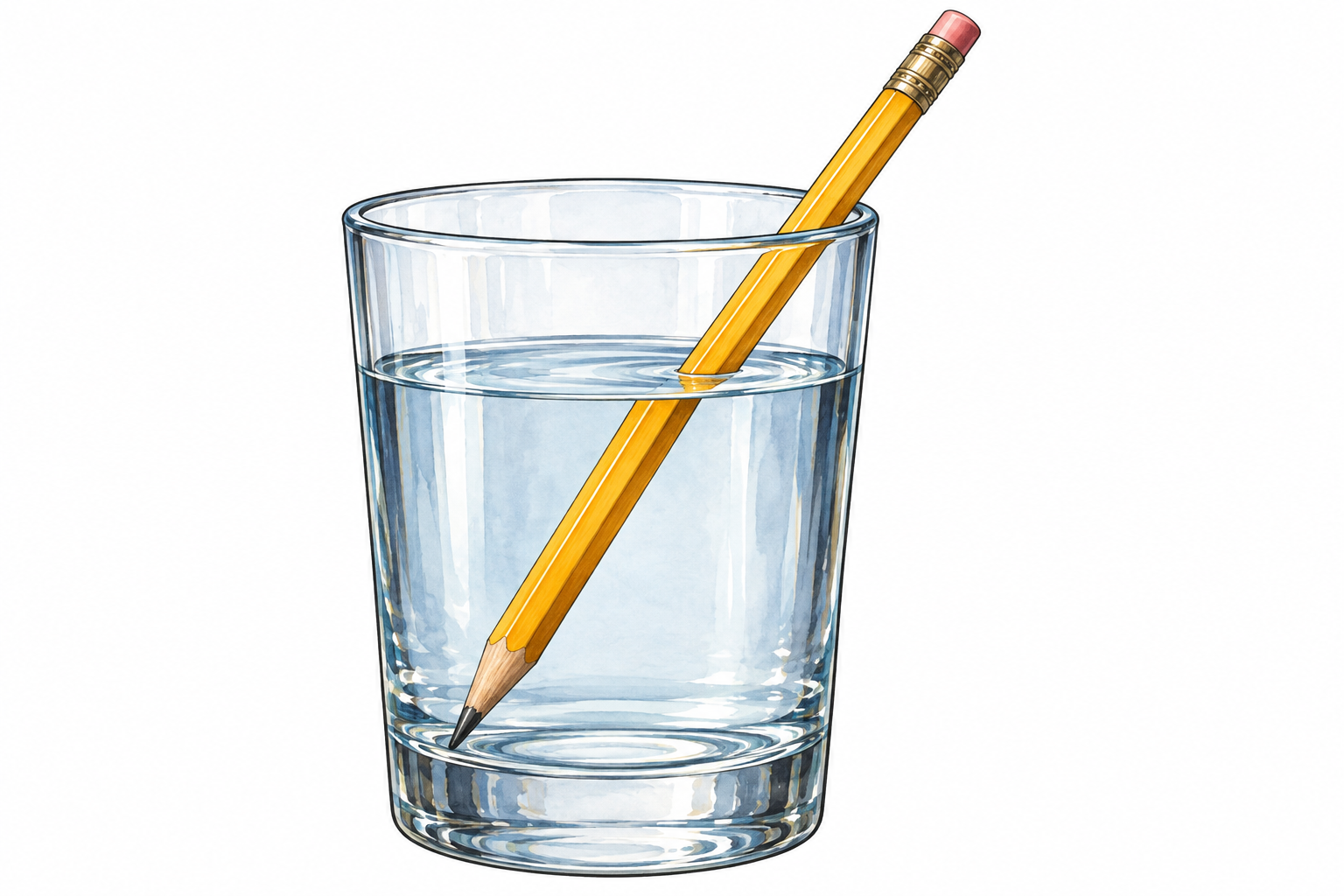 Pencil half immersed in clear water appears displaced at waterline through refraction.