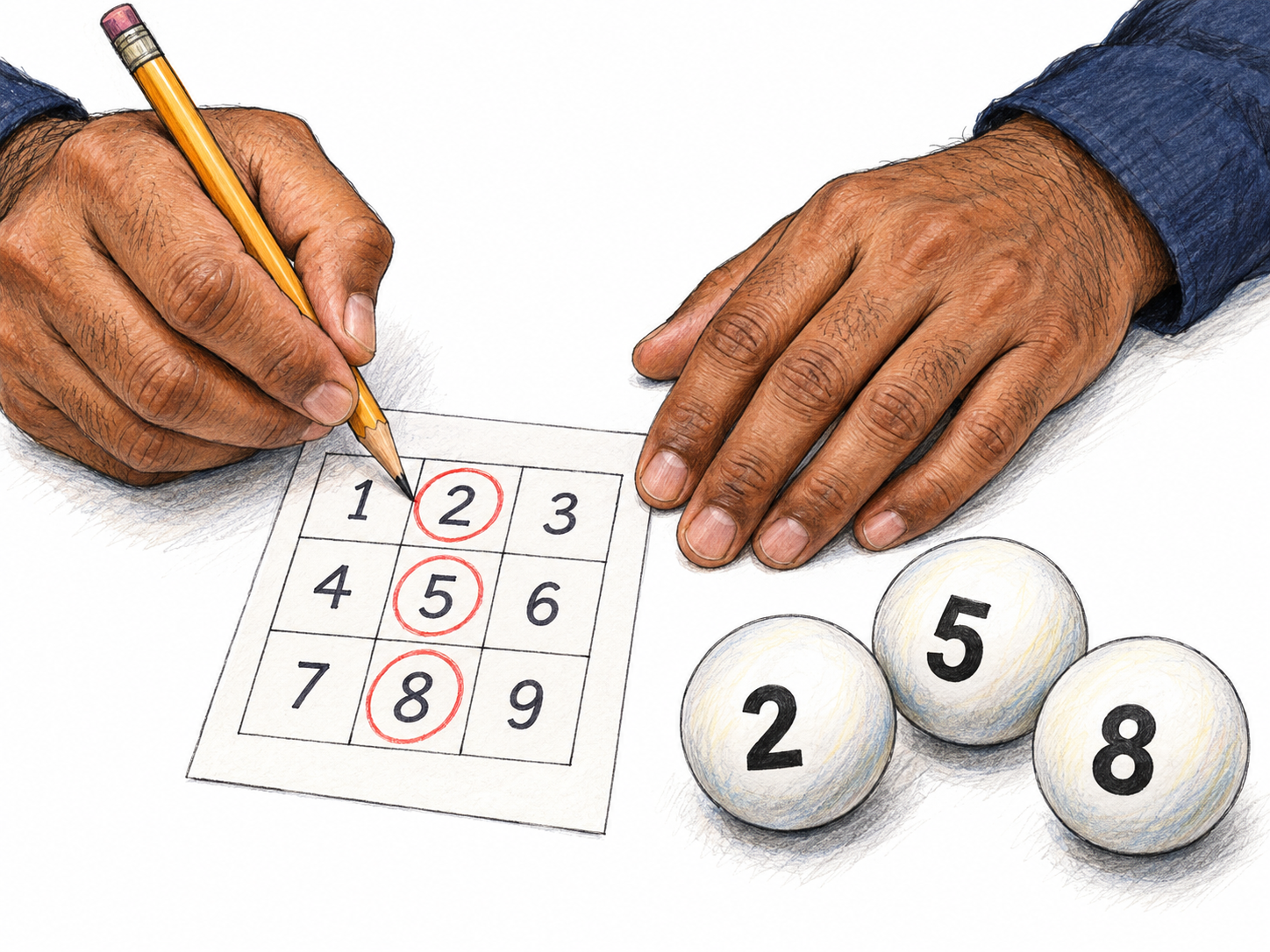 Close over-table view of an adult lotto player selecting a numbered combination on a small paper slip using a pencil.