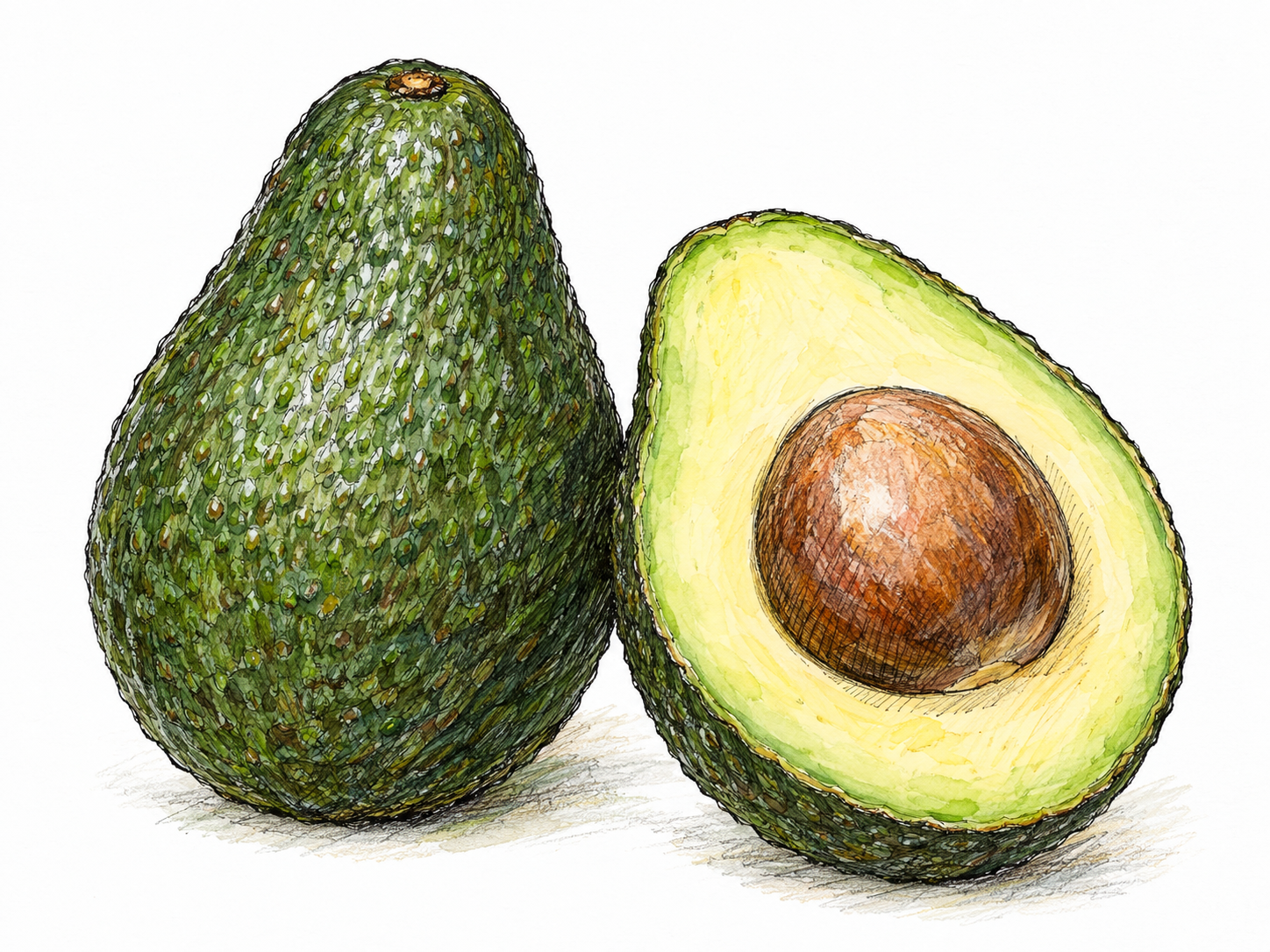 A whole pear-shaped green avocado beside a lengthwise-cut half, showing creamy pale yellow-green flesh and a single large brown pit.