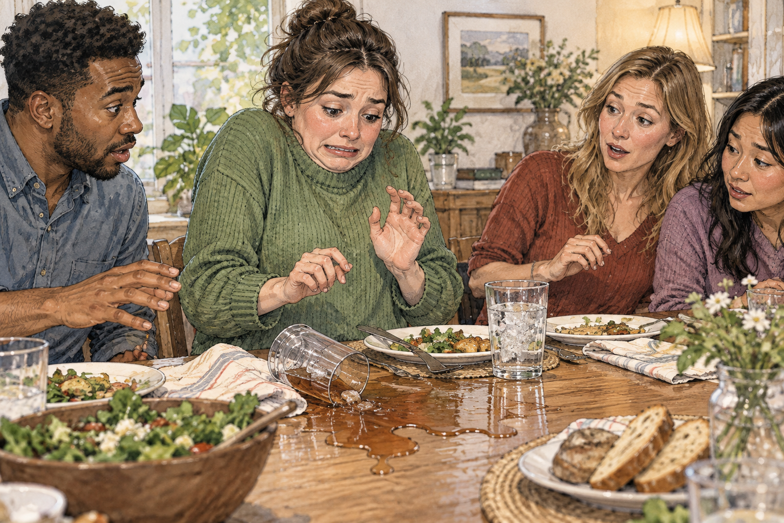 A young adult cringes with shoulders raised, chin tucked and embarrassed grimace while watching their own spilled drink spread across a dining table during a friendly gathering, other adults gently surprised.